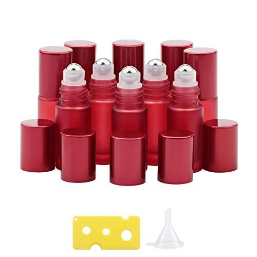 Kesell 5ml Red Glass Essential Oil Roller Bottles with Stainless Steel Balls - 10 Pack Travel Perfume Containers | Portable Aromatherapy for Home, Office & On-the-Go Use