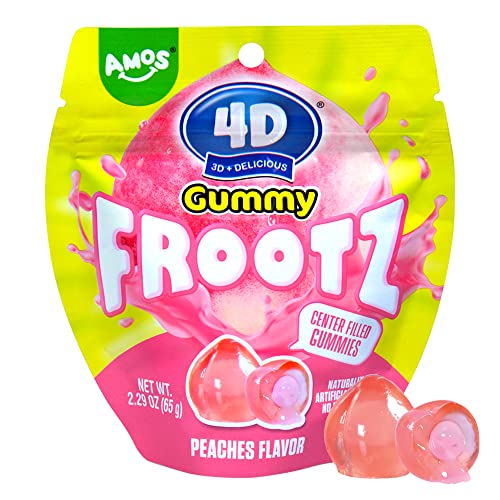 AMOS 4D Gummy Frootz Peach Rings - Real Fruit Juice Filled Candy, No Preservatives, 2.29Oz/Bag (12 Bags) - Perfect for Fruit Snacks, Cupcake Decorations & Party Favors