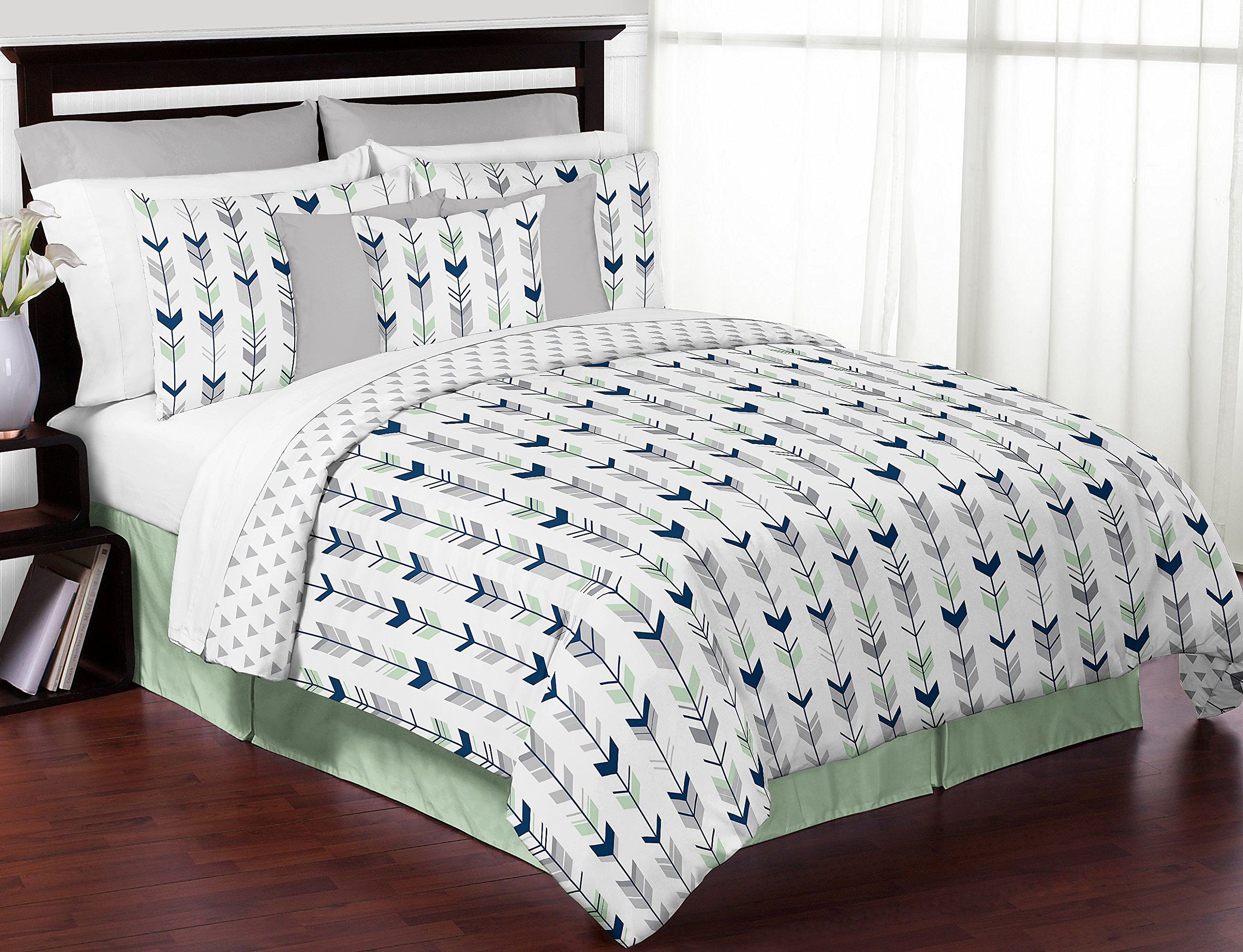 Sweet Jojo Designs Grey, Navy Blue & Mint Woodland Arrow Print 3-Piece Kids Bedding Set - Full/Queen Size for Boys & Girls - Perfect for Nursery, Kids Room & Teen Bedroom Decor