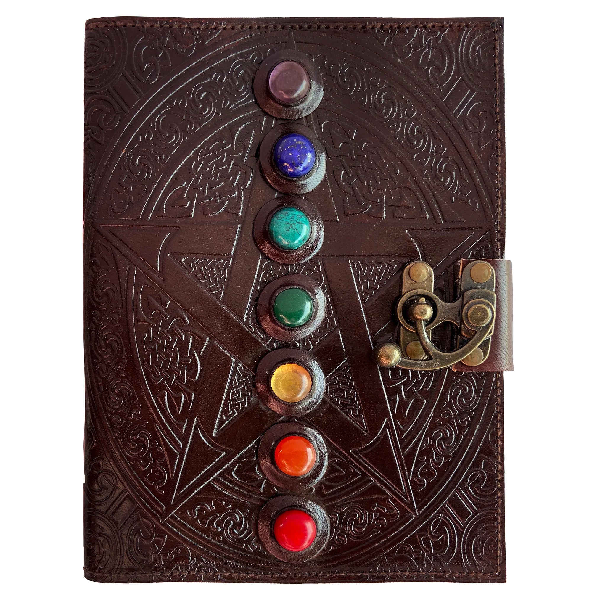 Vintage Leather Bound Journal with Lock - 7 Stone Embellished Lined Notebook for Writing, Book of Shadows & Diary - Perfect for Witches, Wiccans & Journaling Enthusiasts