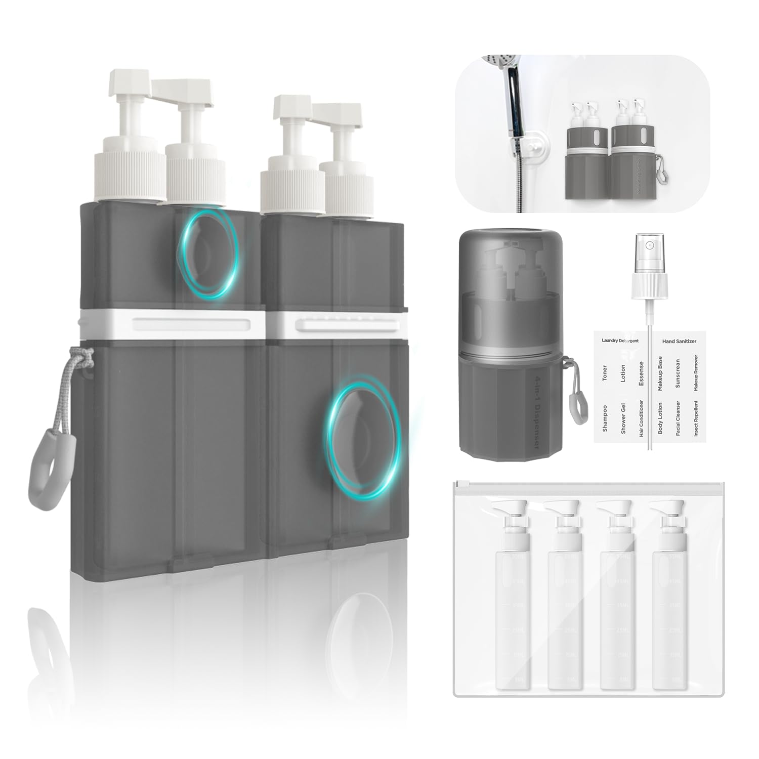 YOTIME 4-in-1 TSA Approved Leak Proof Travel Bottles Set for Shampoo, Body Wash & Conditioner | Portable Toiletry Containers for Airplane Carry-On | Perfect for Vacation, Gym & Business Trips (Gray)