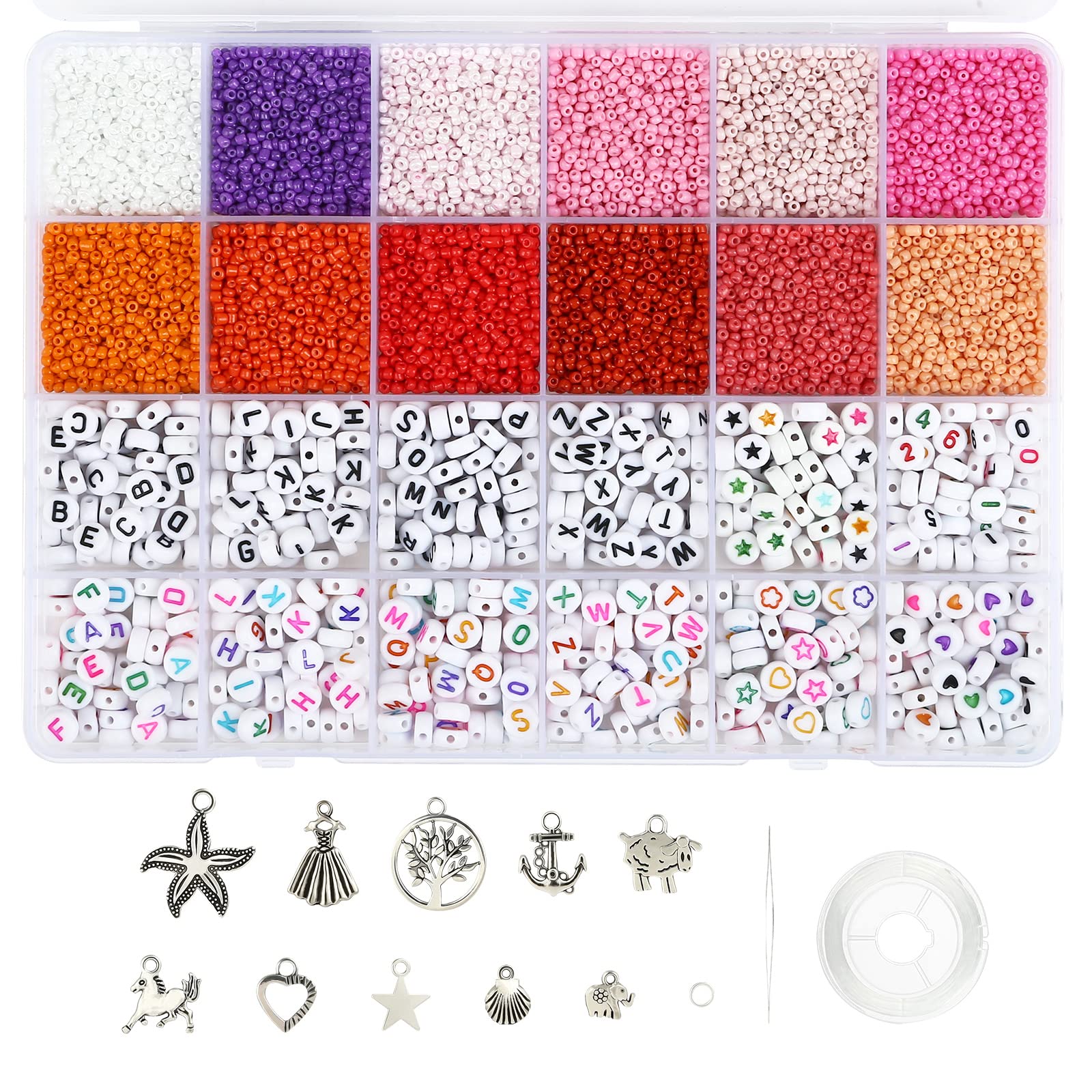 Naler 2mm Red Glass Seed Beads for Jewelry Making - 12/0 Small Craft Beads Kit with Acrylic Beads, Pendants & Elastic String - Perfect for DIY Bracelets, Necklaces & Handmade Jewelry - Great for Gifts, Parties & Craft Projects