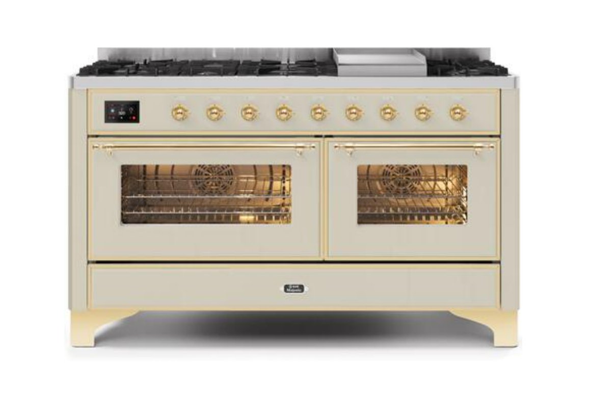 ILVE Majestic II 60 Inch Dual Fuel Natural Gas Freestanding Range - Antique White with Brass Trim (Model UM15FDNS3AWG) | Professional Kitchen Appliance for Home Chefs & Gourmet Cooking