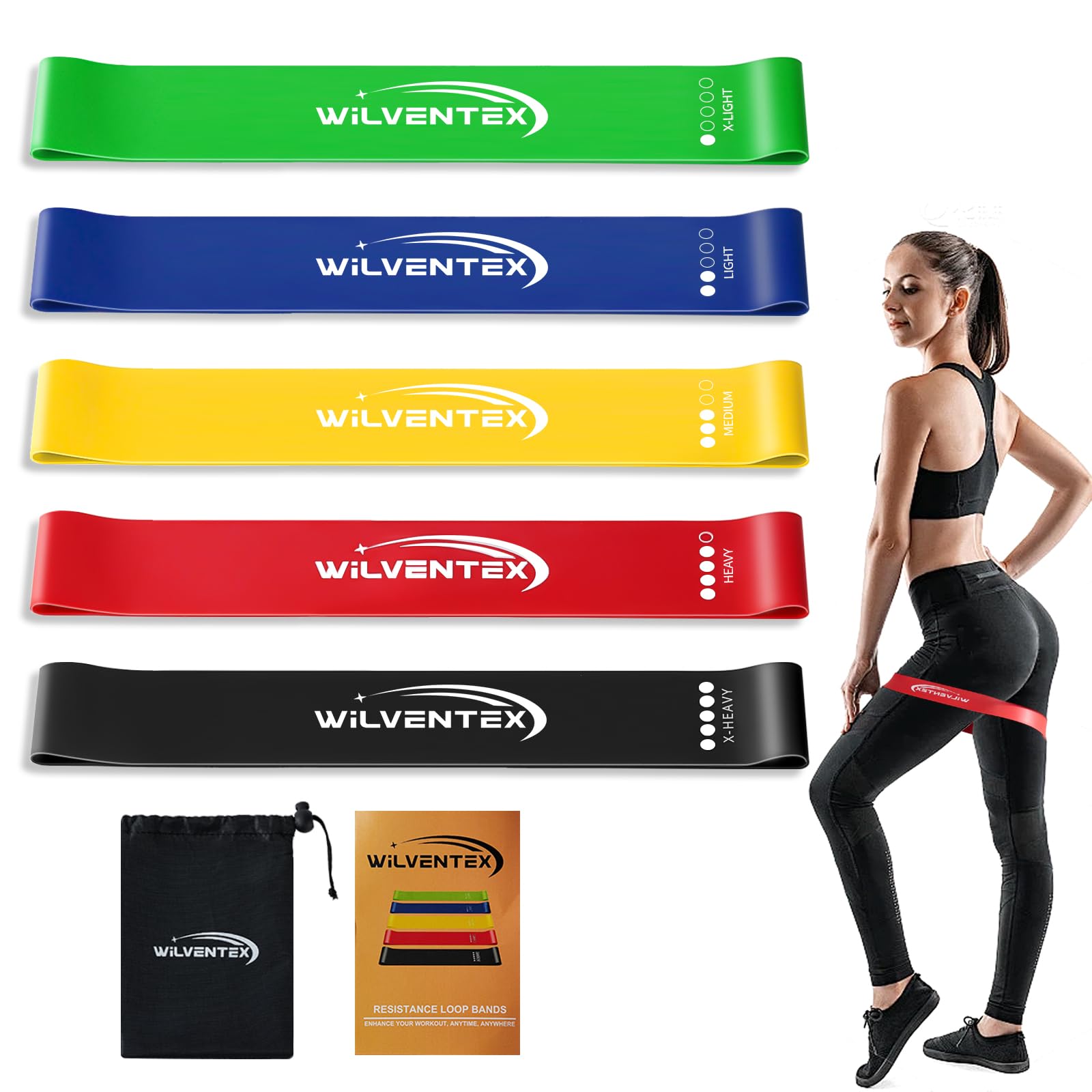 Premium WILVENTEX Resistance Bands Set - 5 Natural Latex Loop Bands (10-115LBS) for Strength Training, Yoga, Physical Therapy | Home Gym & Fitness Equipment for Men & Women | Perfect for Toning, Stretching & Rehabilitation Workouts