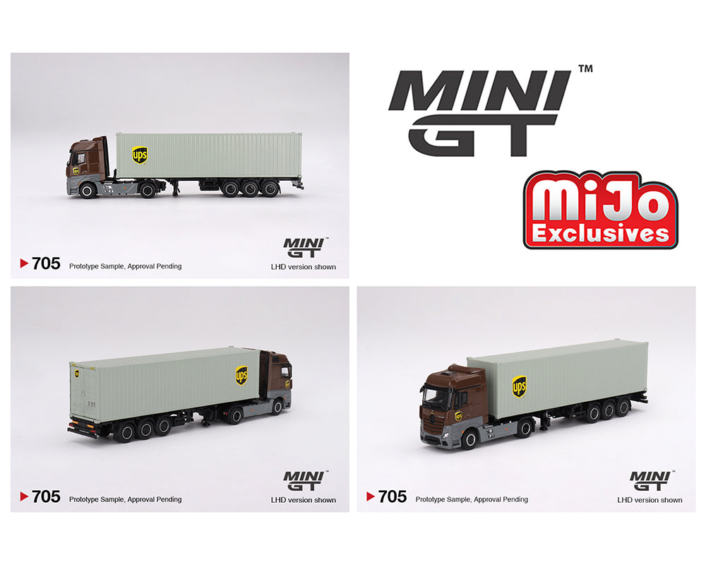 MINI GT 1/64 Scale Mercedes Benz Actros Truck with 40 Ft Dry Container - UPS Europe Livery - Diecast Model Car for Collectors & Display | Perfect for Diorama, Model Train Layouts & Toy Car Collections