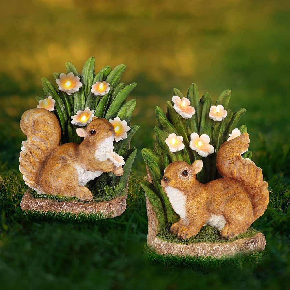 Solar Powered LED Squirrel Garden Statues - Set of 2 Resin Animal Sculptures for Outdoor Patio, Lawn & Yard Decor | Weatherproof Garden Figurines with 5 LED Lights - Perfect for Backyard, Garden Pathway & Landscape Decoration