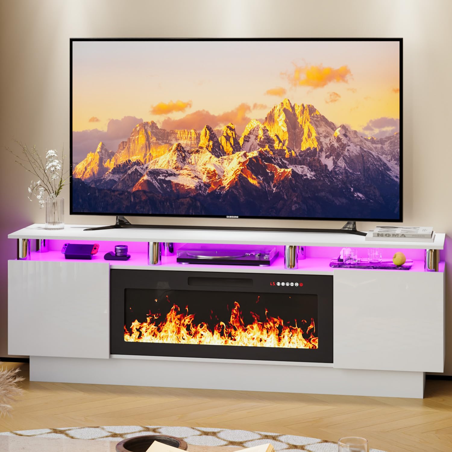 LEMBERI 70 Inch Modern TV Stand with Electric Fireplace - Entertainment Center for 80 Inch TVs, Wooden Media Console with 36