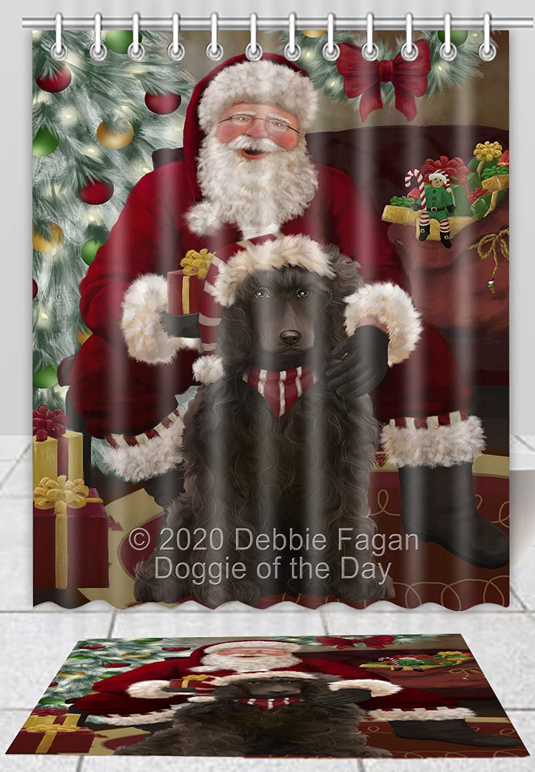 Santa's Christmas Surprise Poodle Dog Shower Curtain & Anti-Slip Bath Mat Set - Waterproof Bathroom Decor with Hooks (20''x32'' Rug + 69