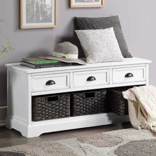 P PURLOVE Wicker Storage Bench with 3 Drawers & 3 Woven Baskets - Wooden Entryway Shoe Bench for Hallway, Mudroom, Living Room | Perfect for Organizing Shoes, Blankets & Home Decor