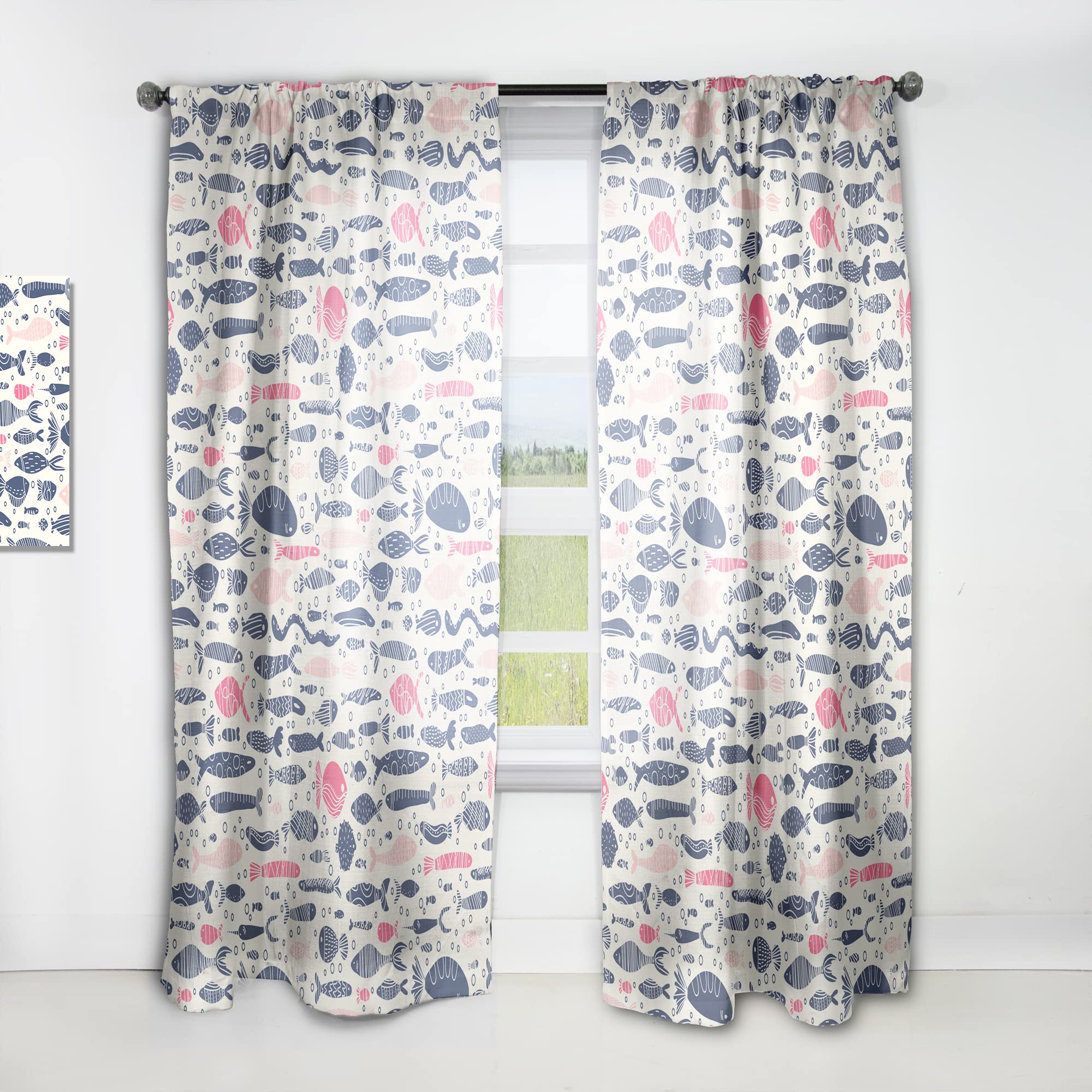 Cute Fish Doodle Print Thermal Insulated Curtains for Bedroom & Living Room - Single Panel 52x108 Inches - Blackout Window Drapes for Kids Room, Nursery, or Coastal Decor