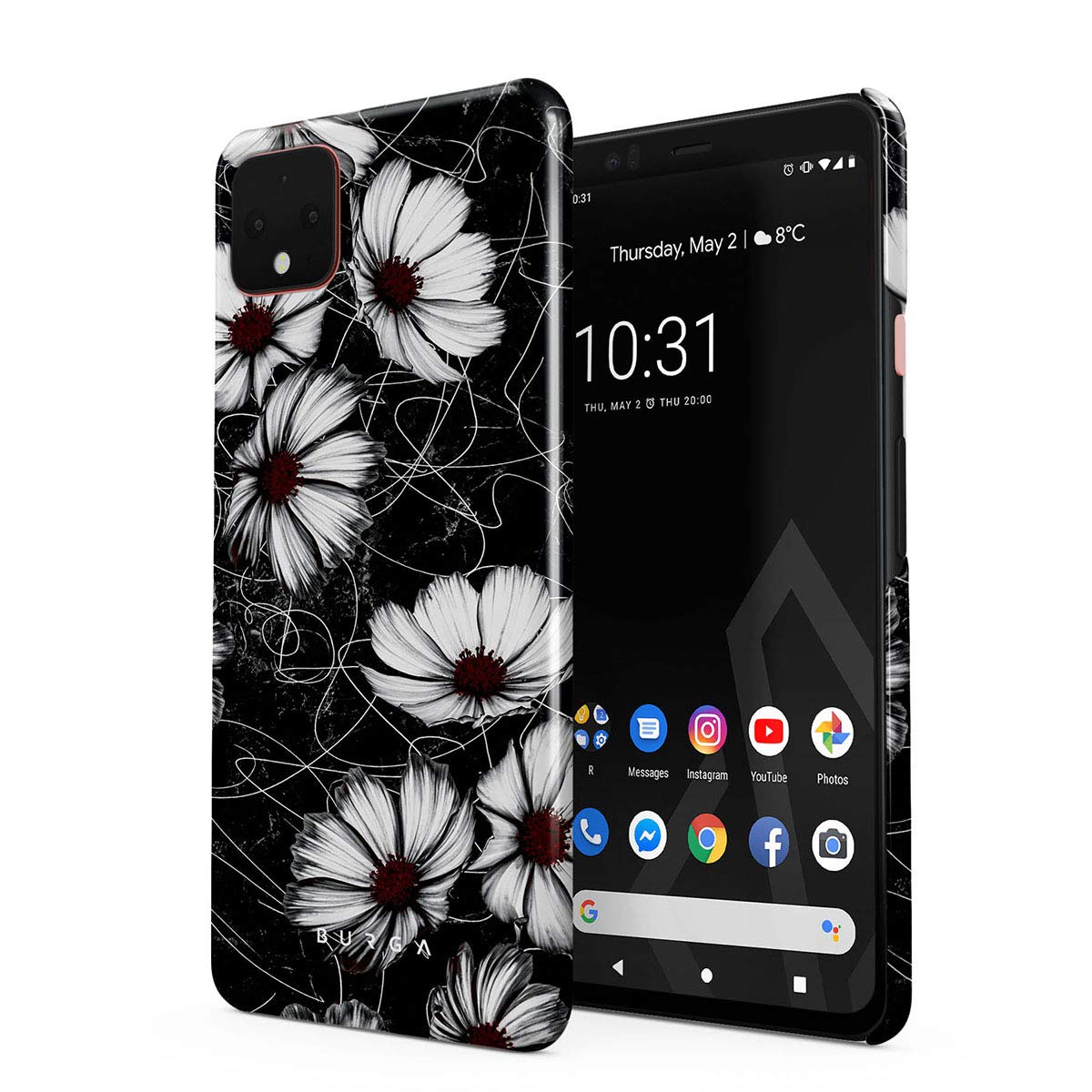 BURGA Google Pixel 4 Case - Slim Hard Plastic Protective Phone Cover with Dark Black Floral Pattern for Women | Durable & Stylish Design | Perfect for Everyday Use, Work, and Travel