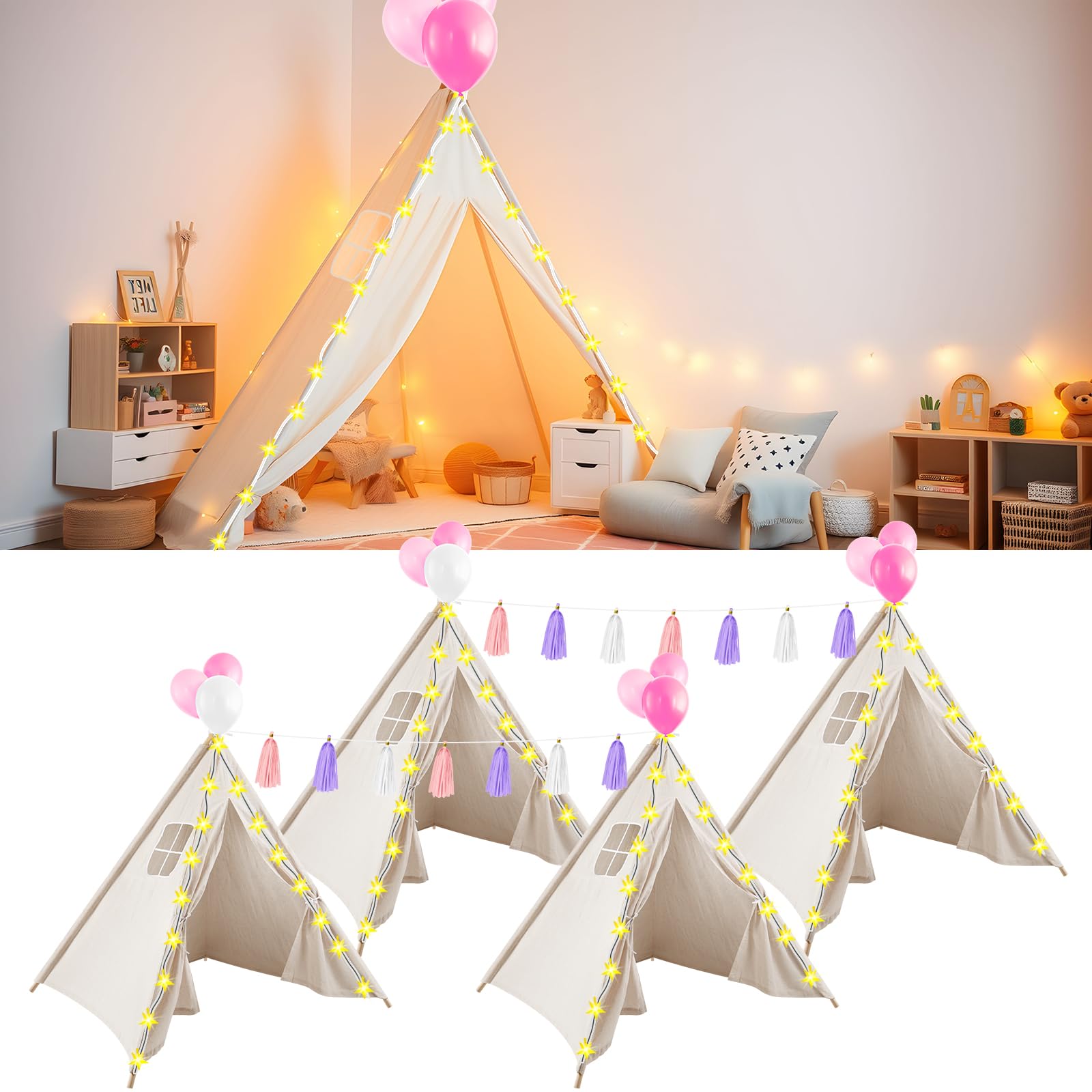 4 Pack Kids Teepee Tent Playhouse for Girls - White Play Tent with Inflatable Airbed & Decorations - Indoor Outdoor Slumber Party, Camping & Sleepover Fun - Perfect for Birthday Parties, Backyard Adventures & Cozy Reading Nook