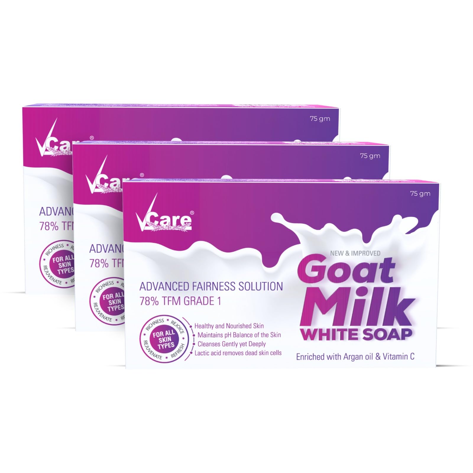 VCare Goat Milk Soap Bar with Vitamin C & Argan Oil - Deep Exfoliating & Hydrating Face & Body Soap for Women & Men | Sulfate Free, Paraben Free, Natural Skincare | Perfect for Dry Skin, Sensitive Skin & Daily Cleansing (75g, Pack of 3)