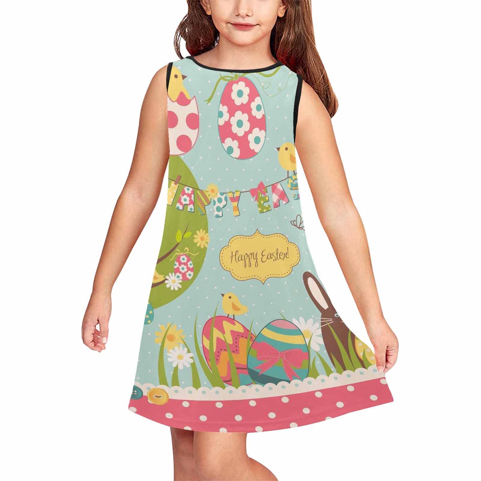 Easter Egg Rabbit Girl Sleeveless Shift Dress for Kids - Casual & Party Midi Tank Dress - Perfect for Easter Celebrations, Birthday Parties & Spring Outfits