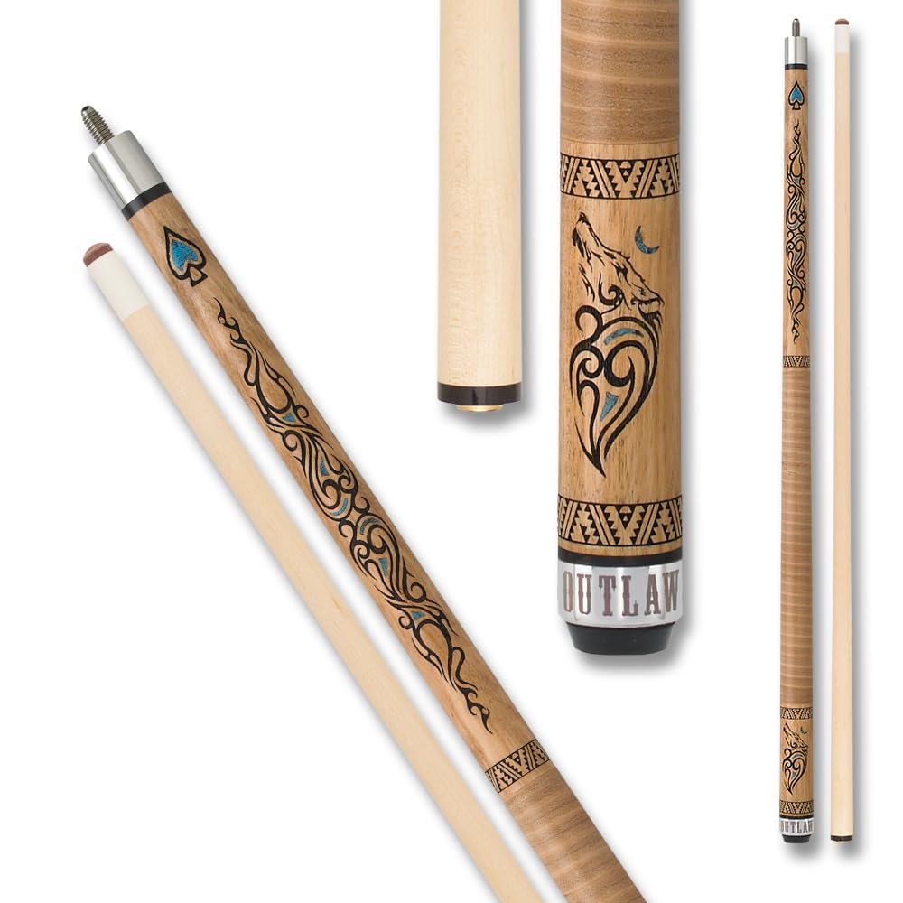 OUTLAW OL33 Thunder Pool Cue - Premium Brown Stained Maple Shaft with Wolf Design & Turquoise Accents | Professional Billiards Stick for Pool Halls & Home Game Rooms