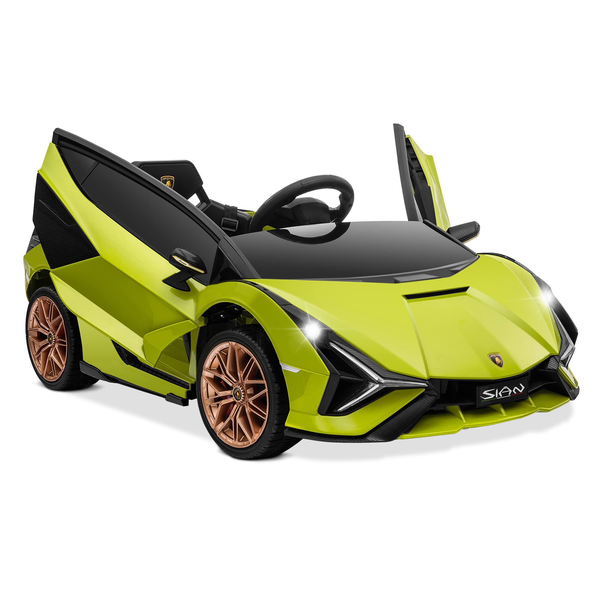 Kidzone Kids 12V Electric Ride-On Lamborghini Sian Roadster Toy Car with Remote Control, Suspension Wheels, LED Lights & Music - Green/Gold | Licensed Motorized Vehicle for Boys & Girls | Outdoor Play, Birthday Gifts, Backyard Fun
