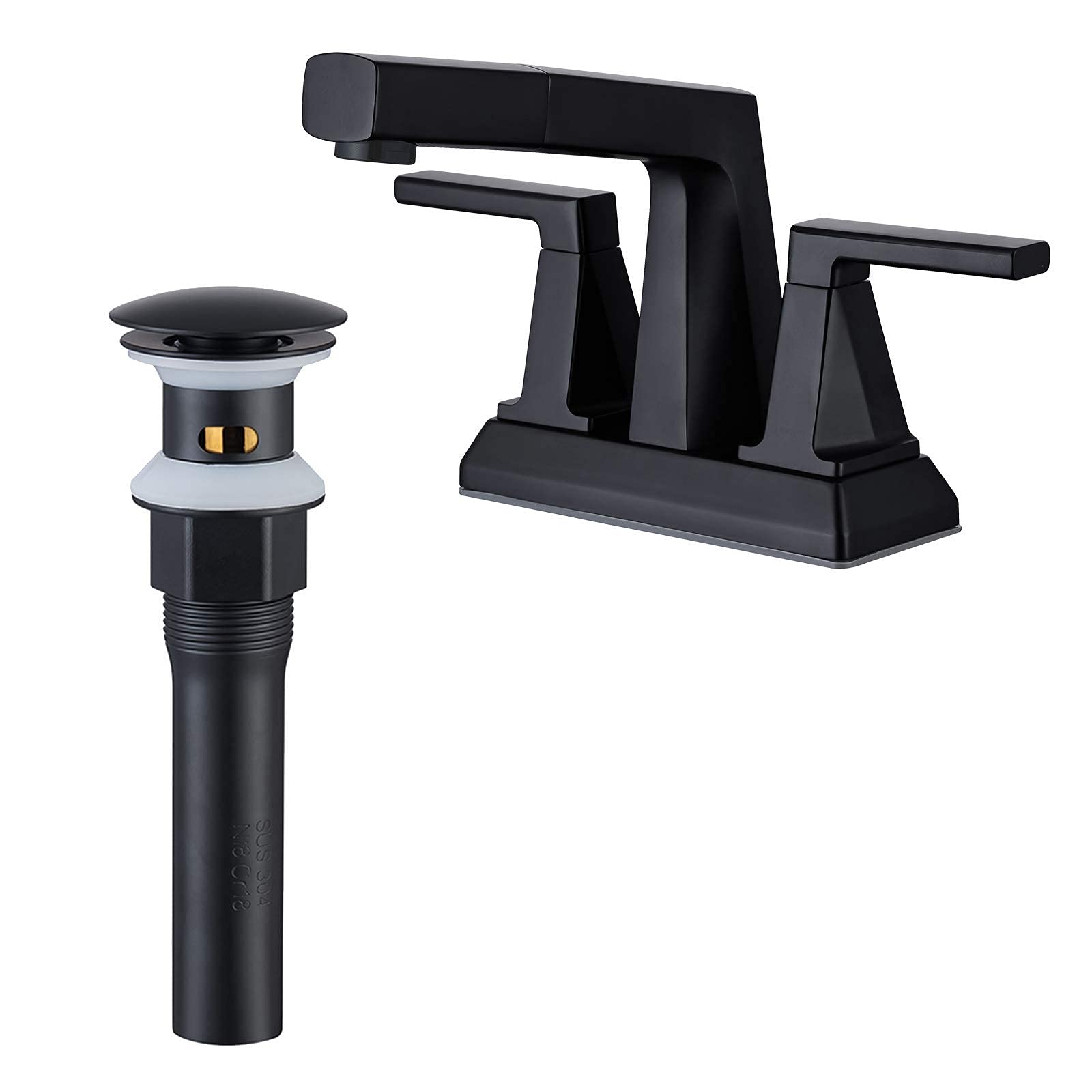 KAIYING 4 Inch Black 2-Handle Centerset Bathroom Sink Faucet with Pull-Out Sprayer & Matte Black Pop-Up Drain Stopper with Overflow - Modern Water-Saving Design for Bathroom Vanity Sink, Powder Room or Guest Bath Installation