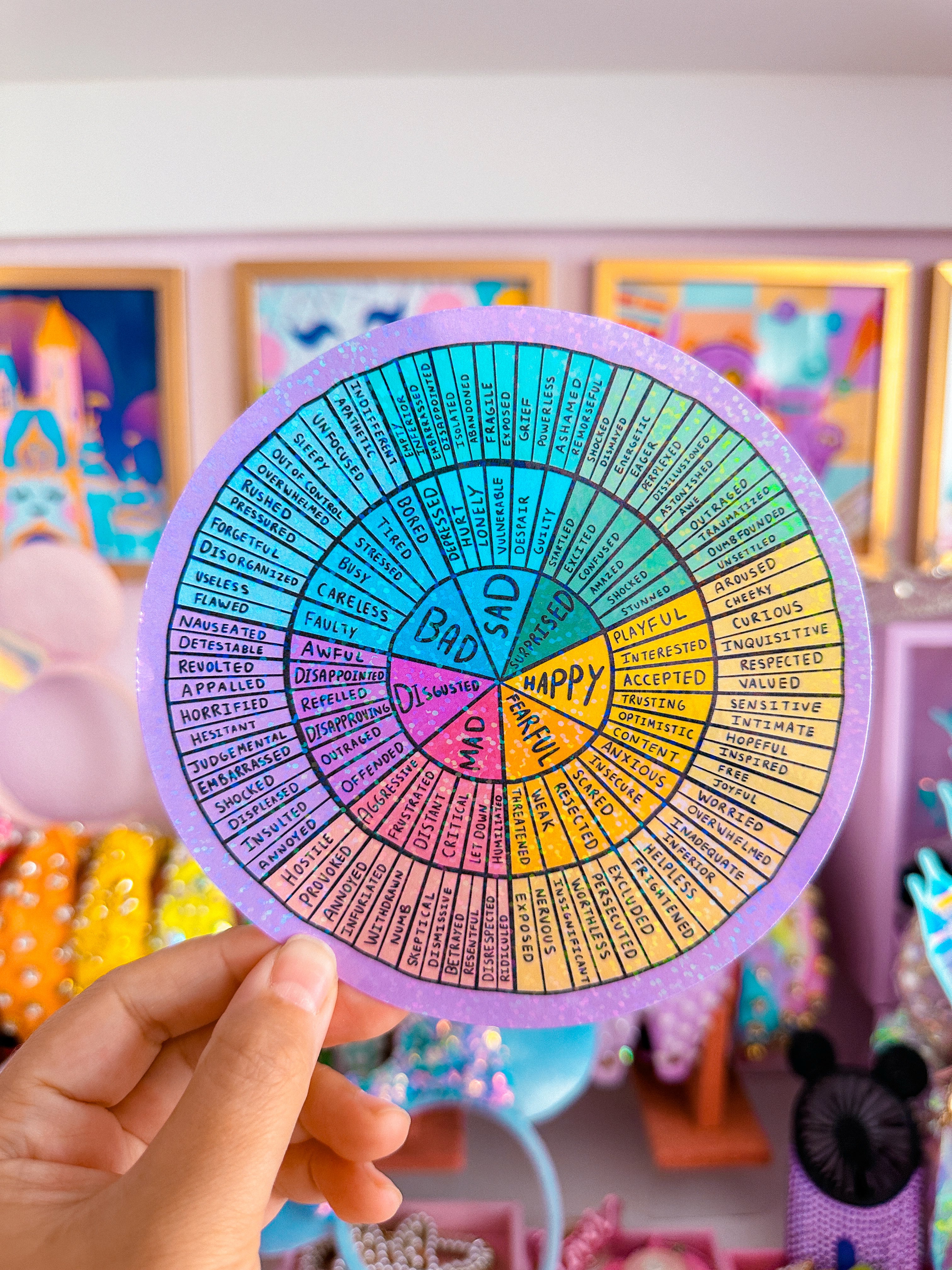 XL Paper Glitter Stickers - Feelings Wheel Emotion Labels for Journals, Planners, Scrapbooks & DIY Crafts - Perfect for Therapy, Self-Care & Emotional Awareness Activities