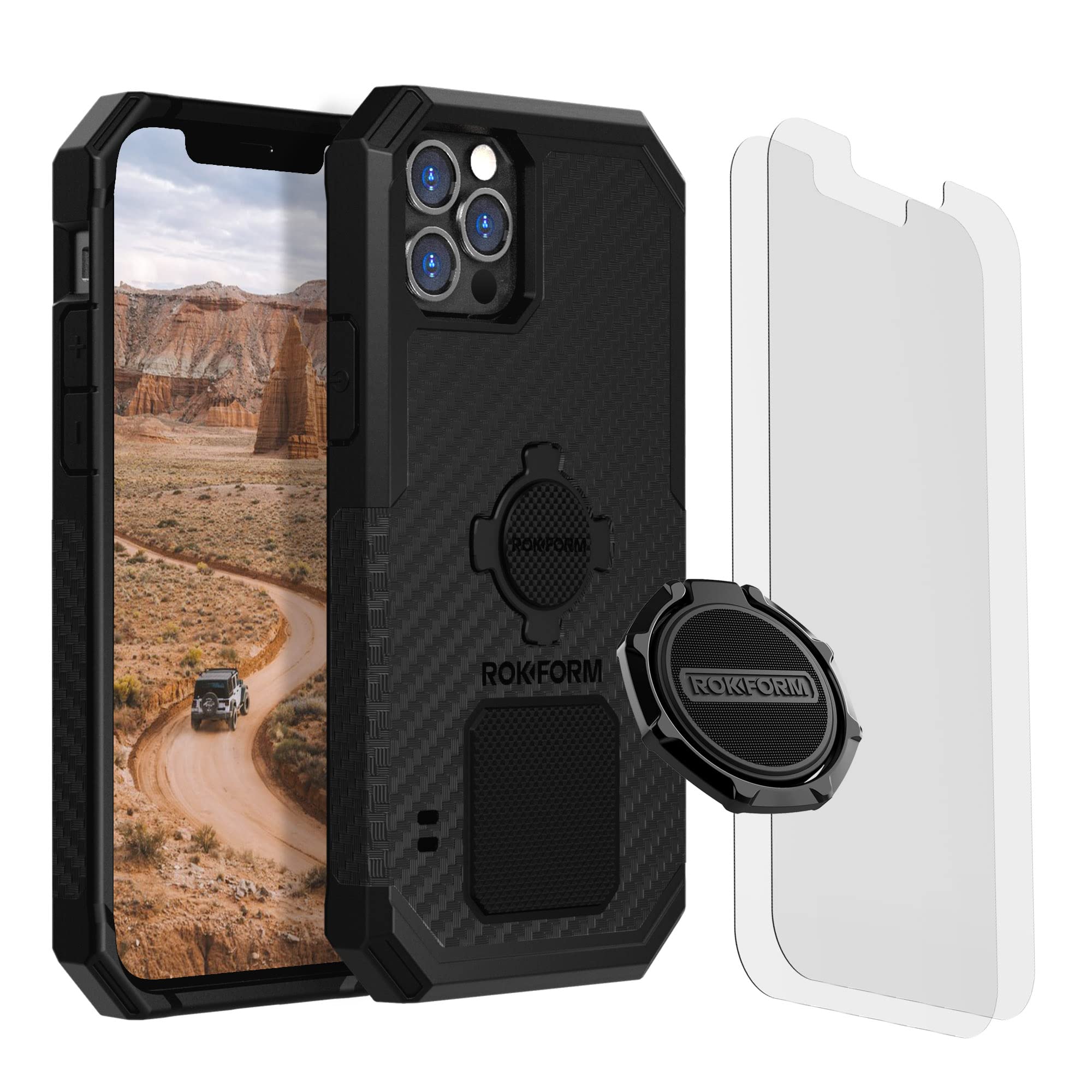 Rokform iPhone 12 Pro Max Rugged Case with Magnetic Sport Ring Stand & Grip, 2-Pack Screen Protector Kit - Durable Protection for Outdoor Adventures & Active Lifestyles