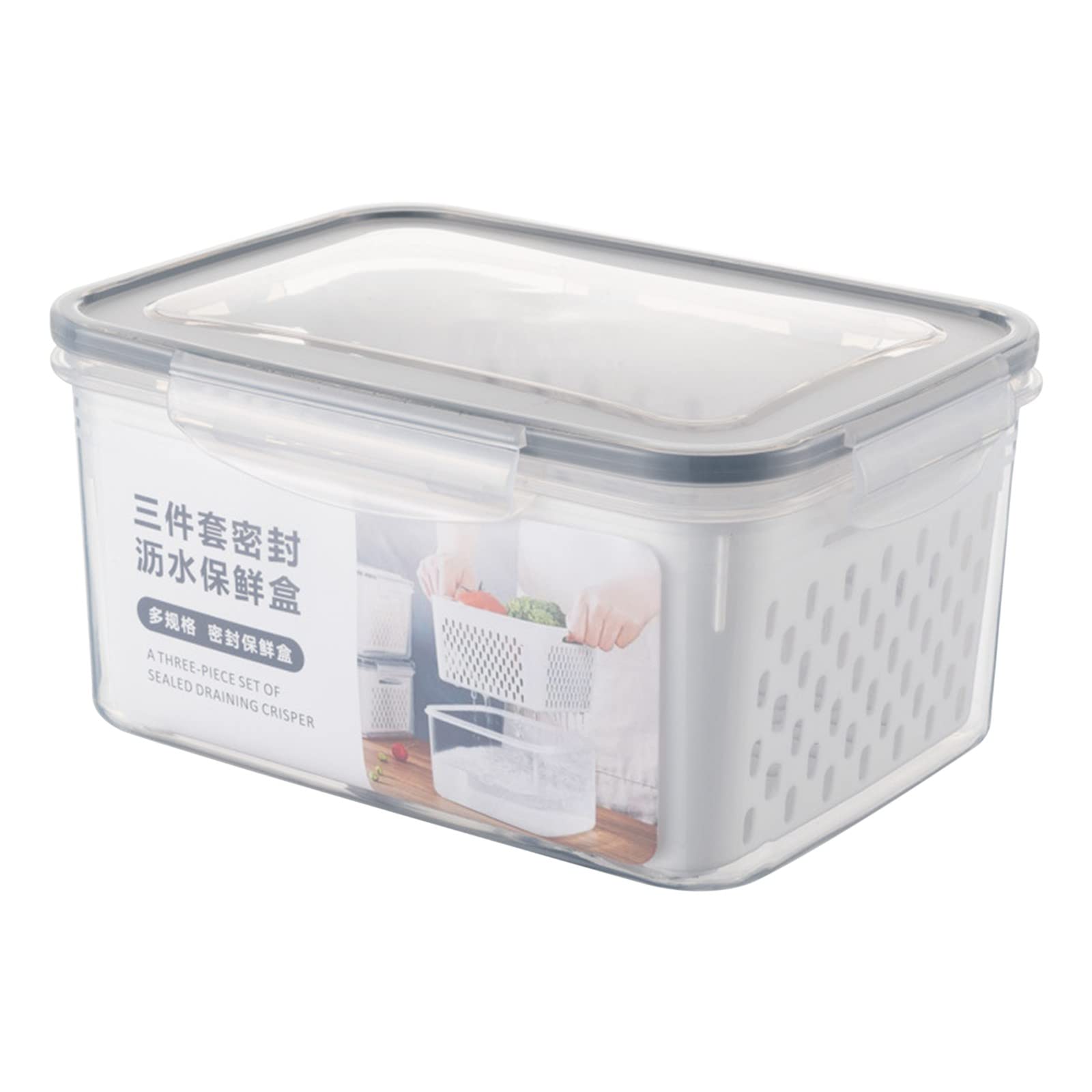 BPA-Free 3-in-1 Large Capacity Fruit & Vegetable Storage Containers for Refrigerator - 3300ml Fresh Food Organizer with Lid & Drain Colander - Perfect for Storing Salad, Meat, Berries & Meal Prep (Gray, 1-Pack)