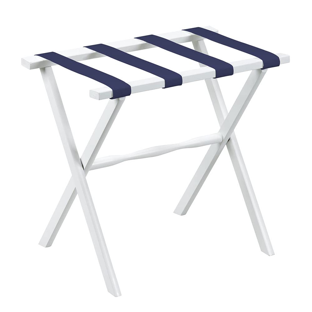 Hotel White Finish Wood Folding Luggage Rack with Navy Straps - Portable Travel Storage Stand for Suitcases, Bags & Clothes - Perfect for Hotels, Bedrooms & Closets