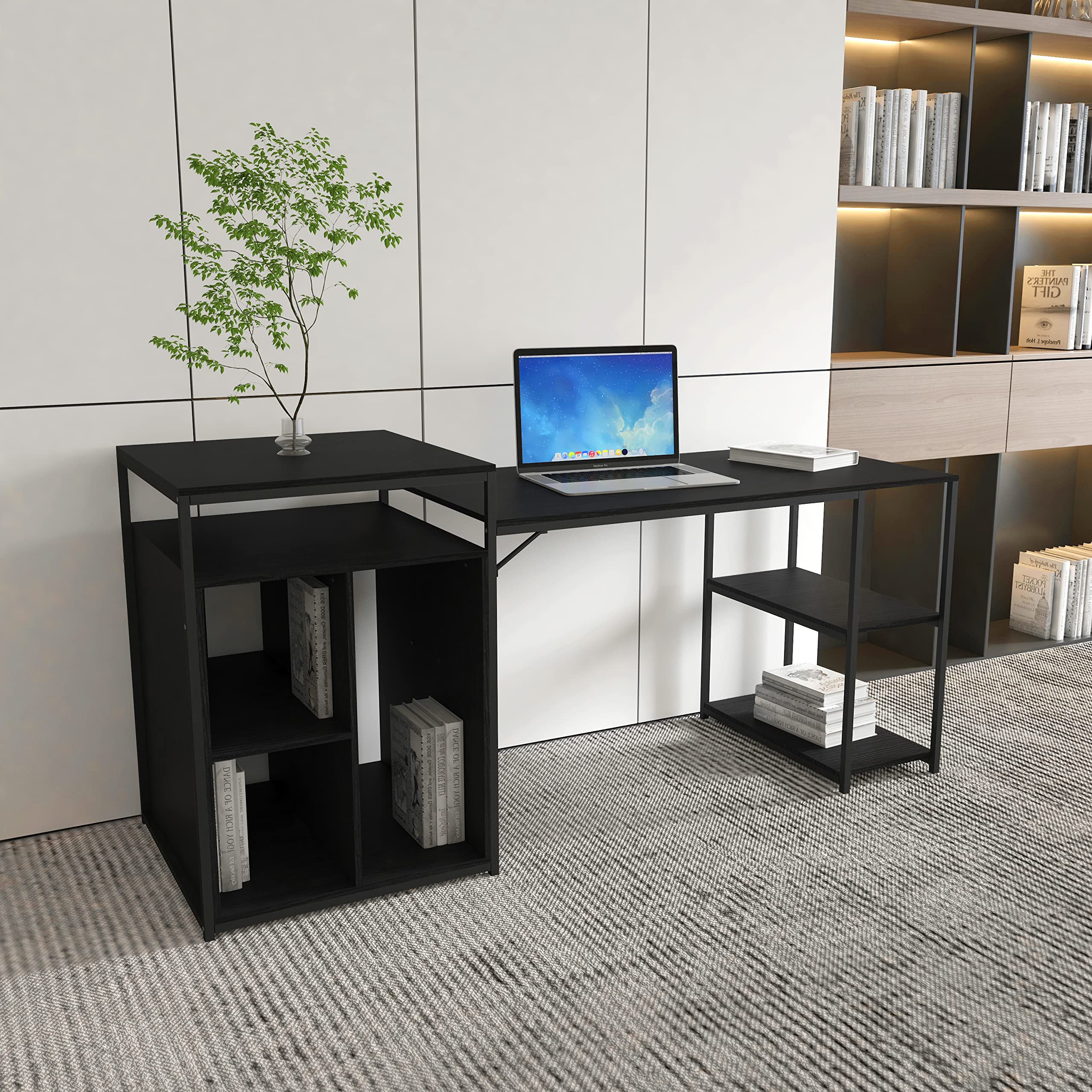 Ergonomic Home Office Computer Desk with Storage Shelf & CPU Stand - Space Saving Writing PC Table for Small Spaces - Perfect for Remote Work & Study (Black)