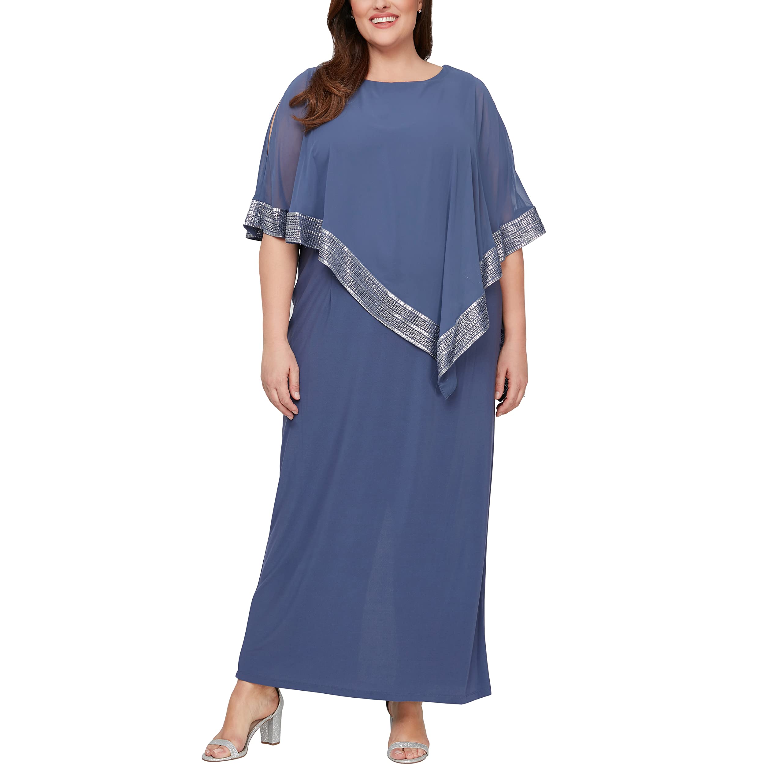S.L. Fashions Women's Plus Size Long Sleeve Cold Shoulder Capelet Dress with Metallic Trim - Elegant Evening Wear for Parties, Weddings & Special Occasions