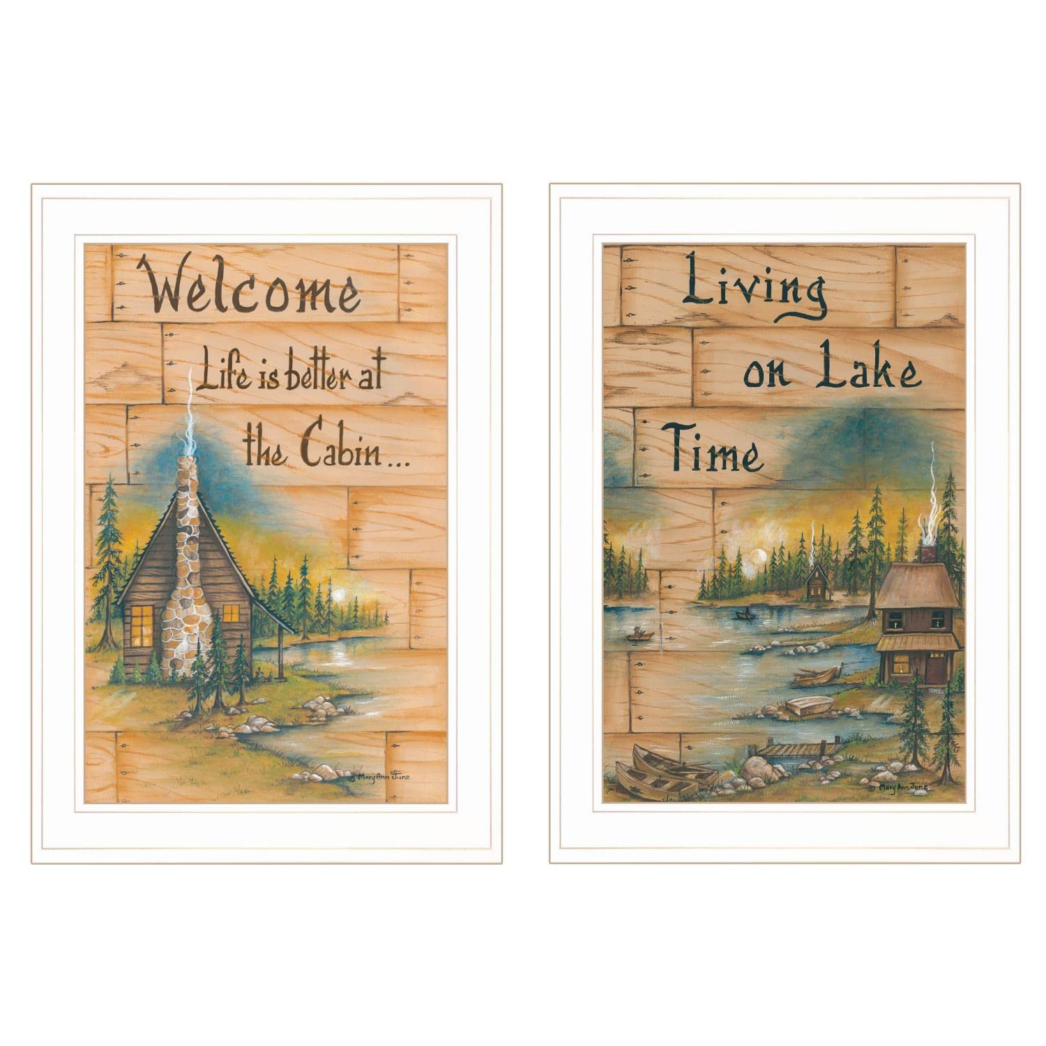 Living on The Lake 2-Piece Vignette Wall Art by Mary June - White Framed Lakehouse Decor for Living Room, Bedroom & Office - Perfect for Coastal, Farmhouse & Rustic Home Interiors