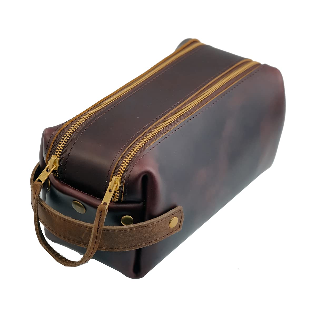 Premium Leather Doiletry Bag for Men - Large Travel Shaving Kit with Handle & Double Zipper - USA Made High Quality Dopp Kit (Burgundy) - Perfect for Business Trips, Gym, Camping & Gifts