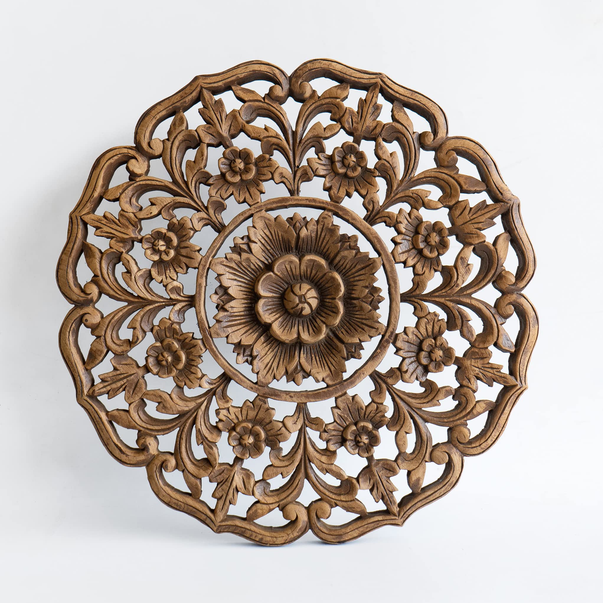 Handmade Teak Wood Lotus Circle Medallion Wall Hanging - 24 Inch Rustic Brown Carved Wood Art for Home Decor, Living Room, Bedroom & Boho Style Interiors