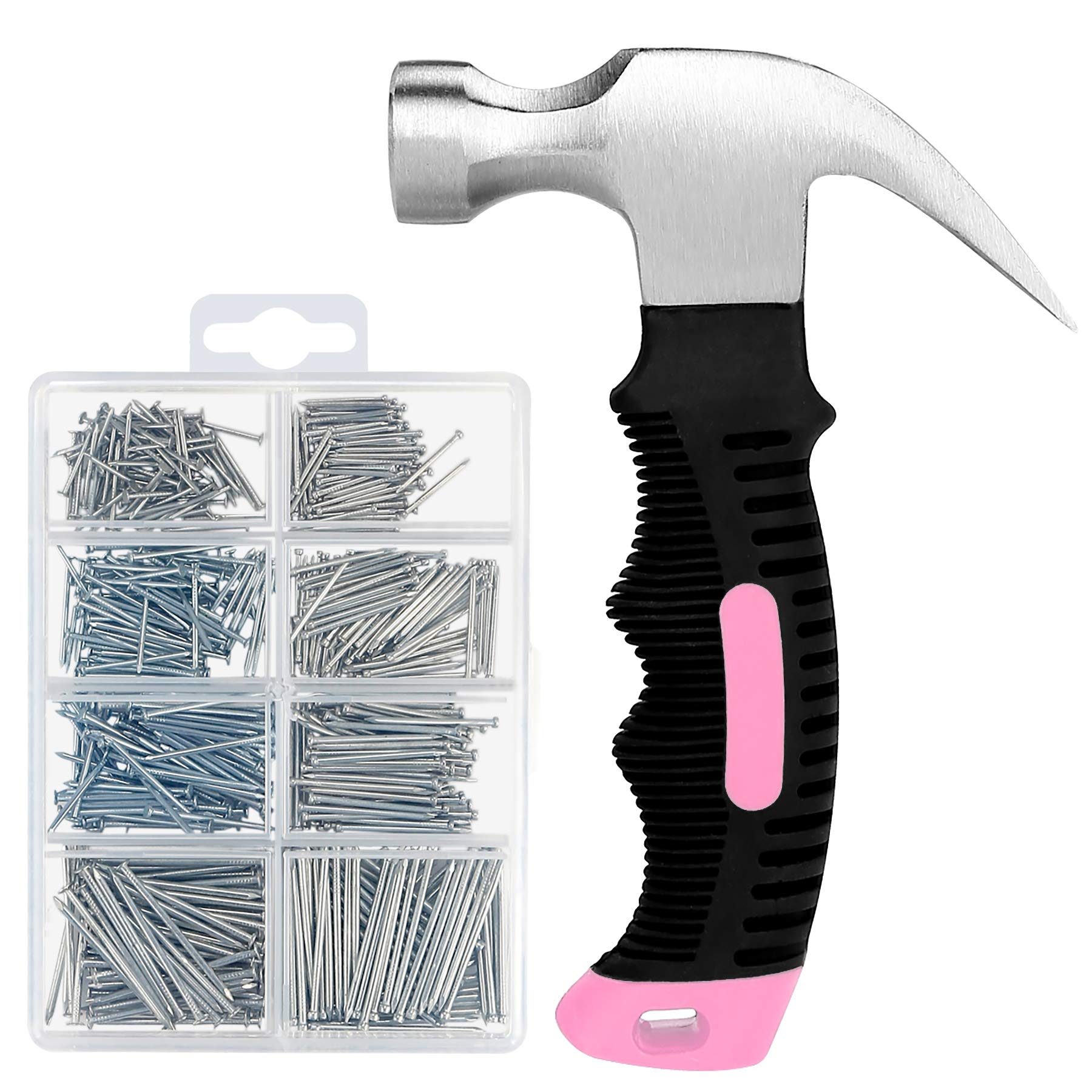 KURUI 700-Piece Small Nails & 8oz Pink Hammer Set - Picture Hanging Kit with 280 Wall Nails & 280 Finishing Nails - Perfect for Home Decor, DIY Projects & Wall Art Installation