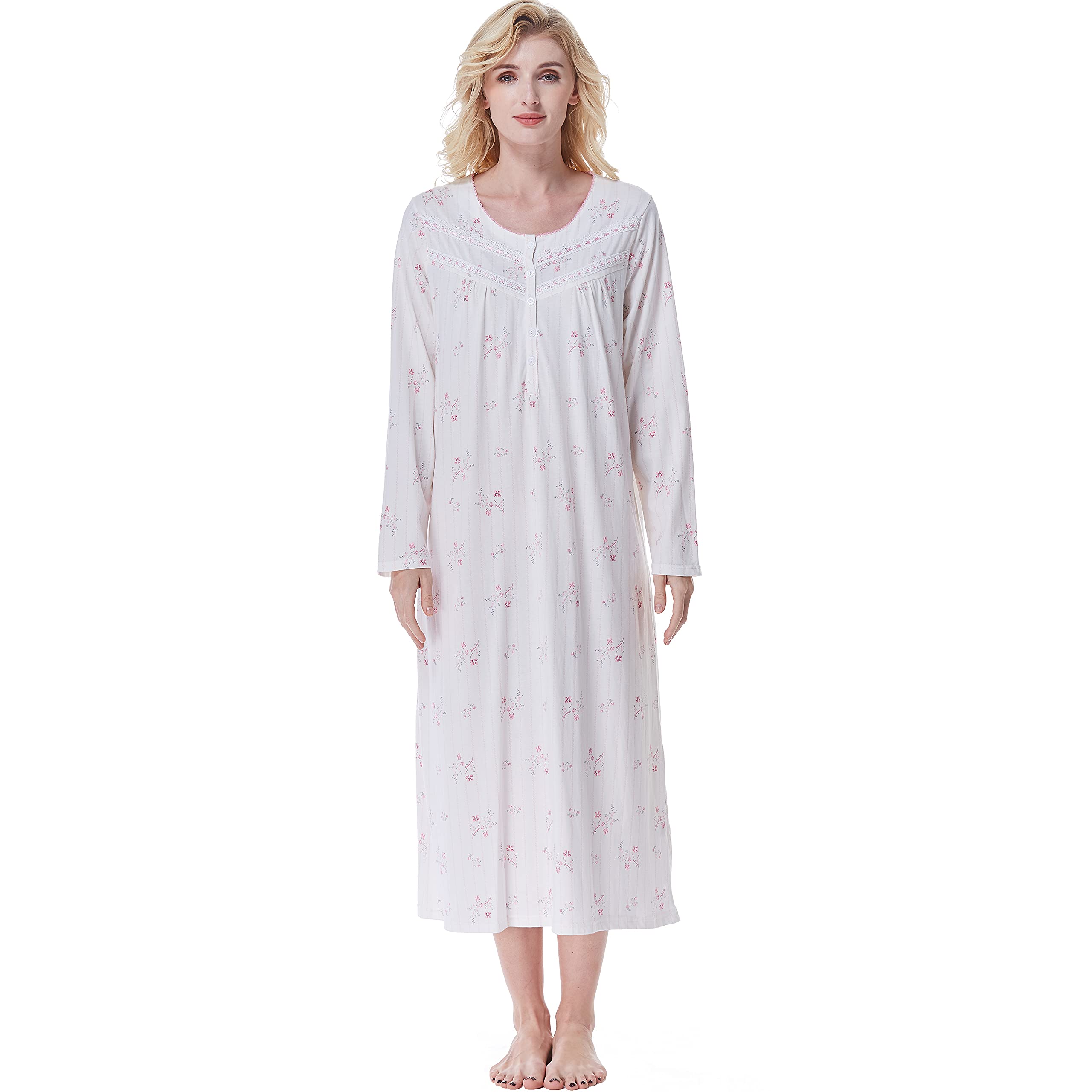 Keyocean Women's Soft Cotton Long Sleeve Nightgown - Comfortable Lightweight Sleepwear for Relaxing at Home & Cozy Bedtime