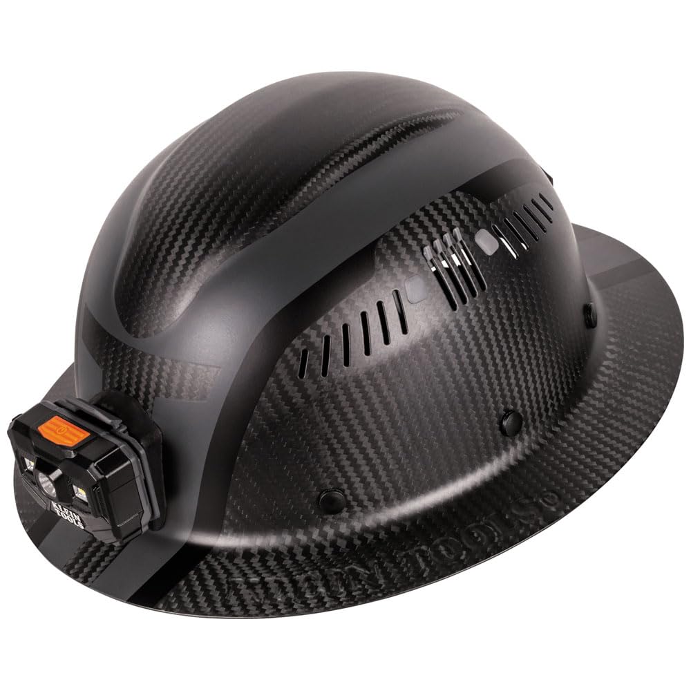 Klein Tools 60514 K12 Series Carbon Fiber Full Brim Hard Hat with Rechargeable Headlamp - Vented Class C Type 1 Spartan Helmet for Construction, Electrical Work & Industrial Safety