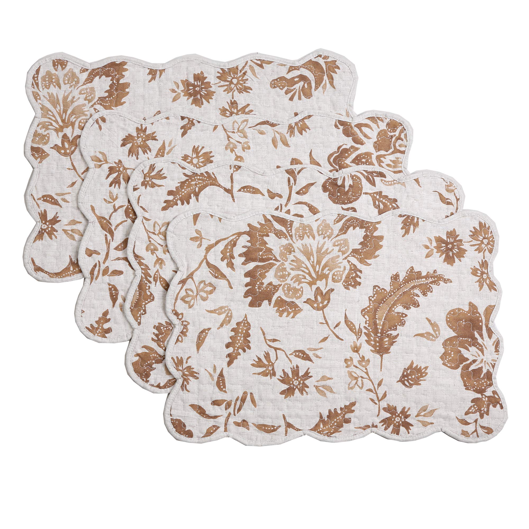 Cozy Line Home Fashions Quilted Linen Cotton Placemats Set of 4 - Brown Floral Design for Dining Table Decor, Kitchen Table Setting, and Elegant Dinner Parties