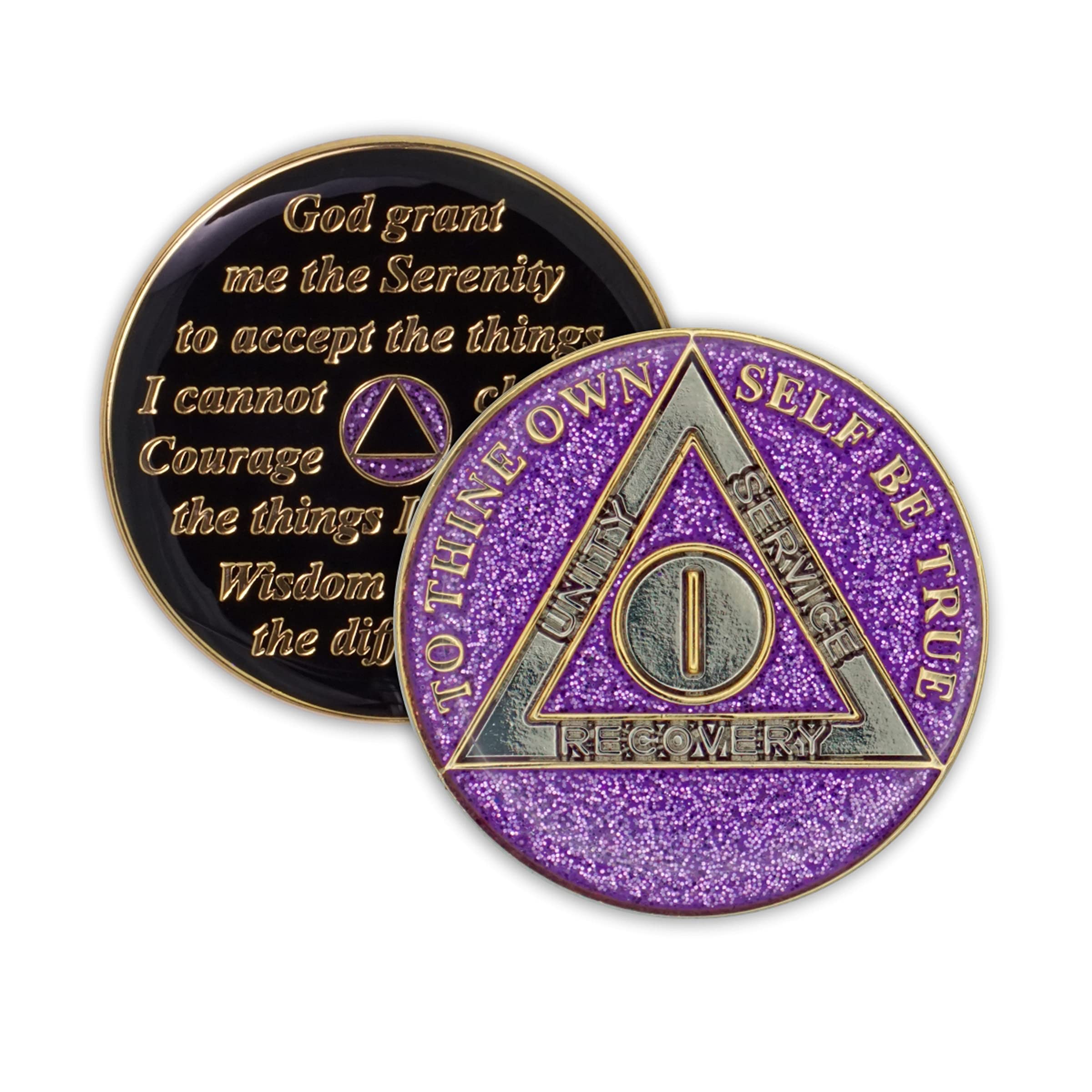 1 Year Sobriety Coin - Glitter Triplate AA Recovery Anniversary Token (Purple) | Motivational Gift for Addiction Recovery & Milestone Celebration | Perfect for AA Meetings, 12-Step Programs & Personal Achievement
