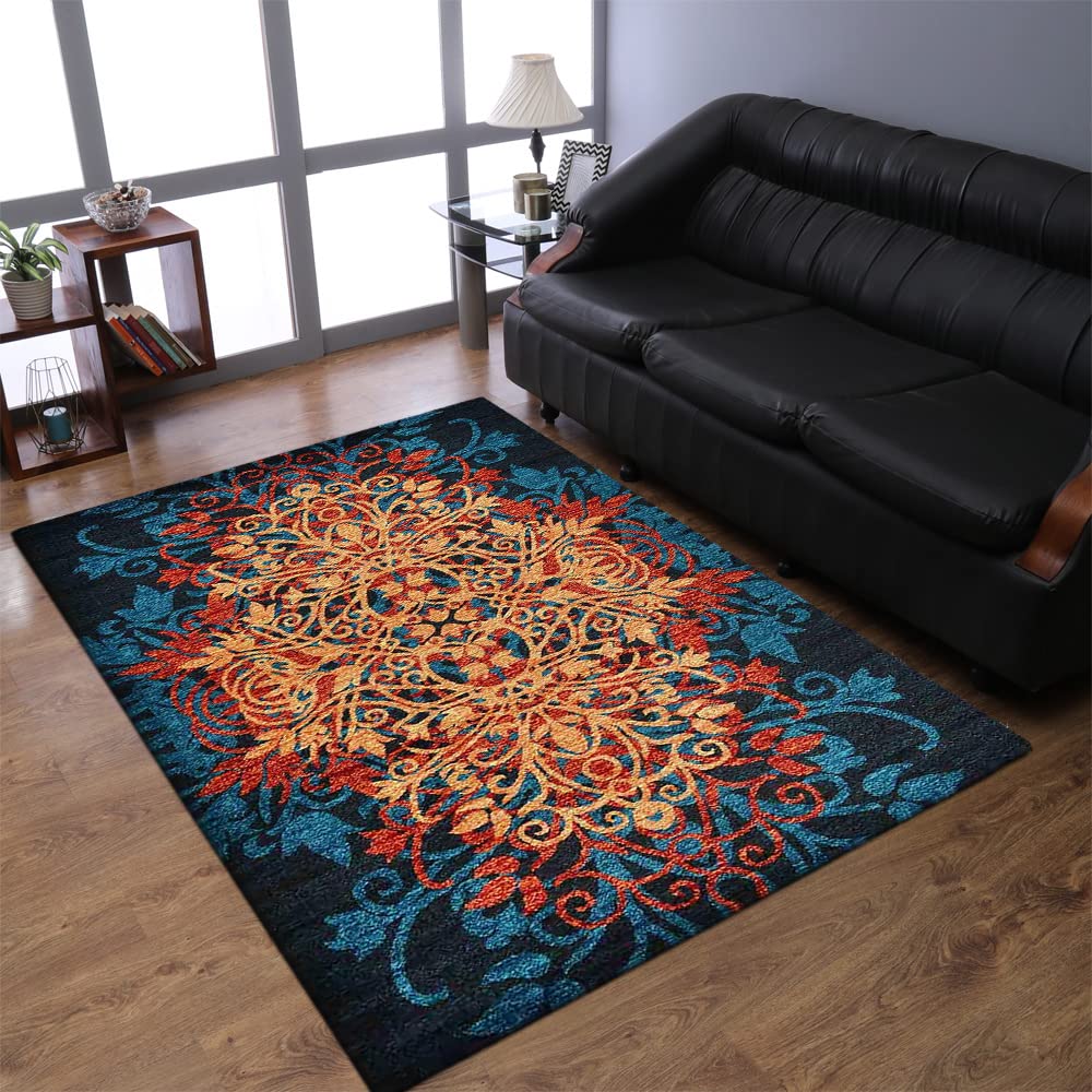 Premium Machine-Woven Polypropylene Area Rug 8'x10' Rectangle - Heat-Set Caramel Blue Floral Modern Design Medium Pile for Living Room Bedroom Home Decor (MX0012)