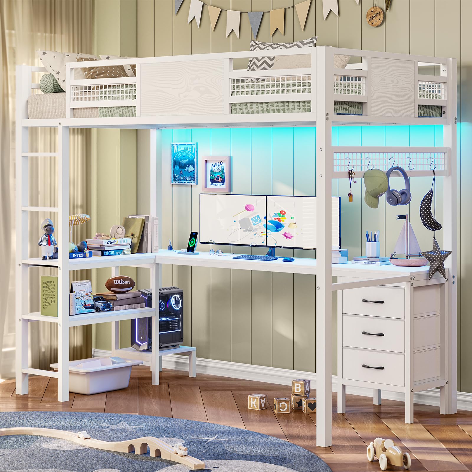 ADORNEVE Twin Size Loft Bed with L-Shaped Desk - White Metal Bunk Bed Frame with LED Lights, USB Charging Station, Fabric Storage Drawers & Shelves, 13.4
