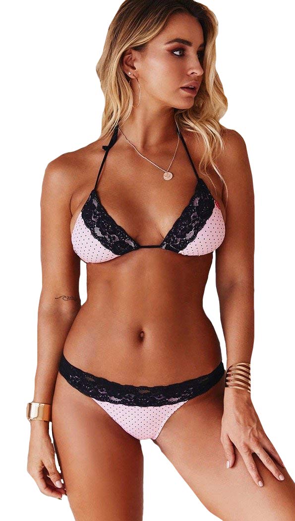 **Chynna Dolls Swim Baby Pink Polka Dot Black Lace Edge Trim Scrunch Bikini - Stylish & Comfortable Swimwear for Women, Perfect for Beach, Pool, and Summer Vacations**