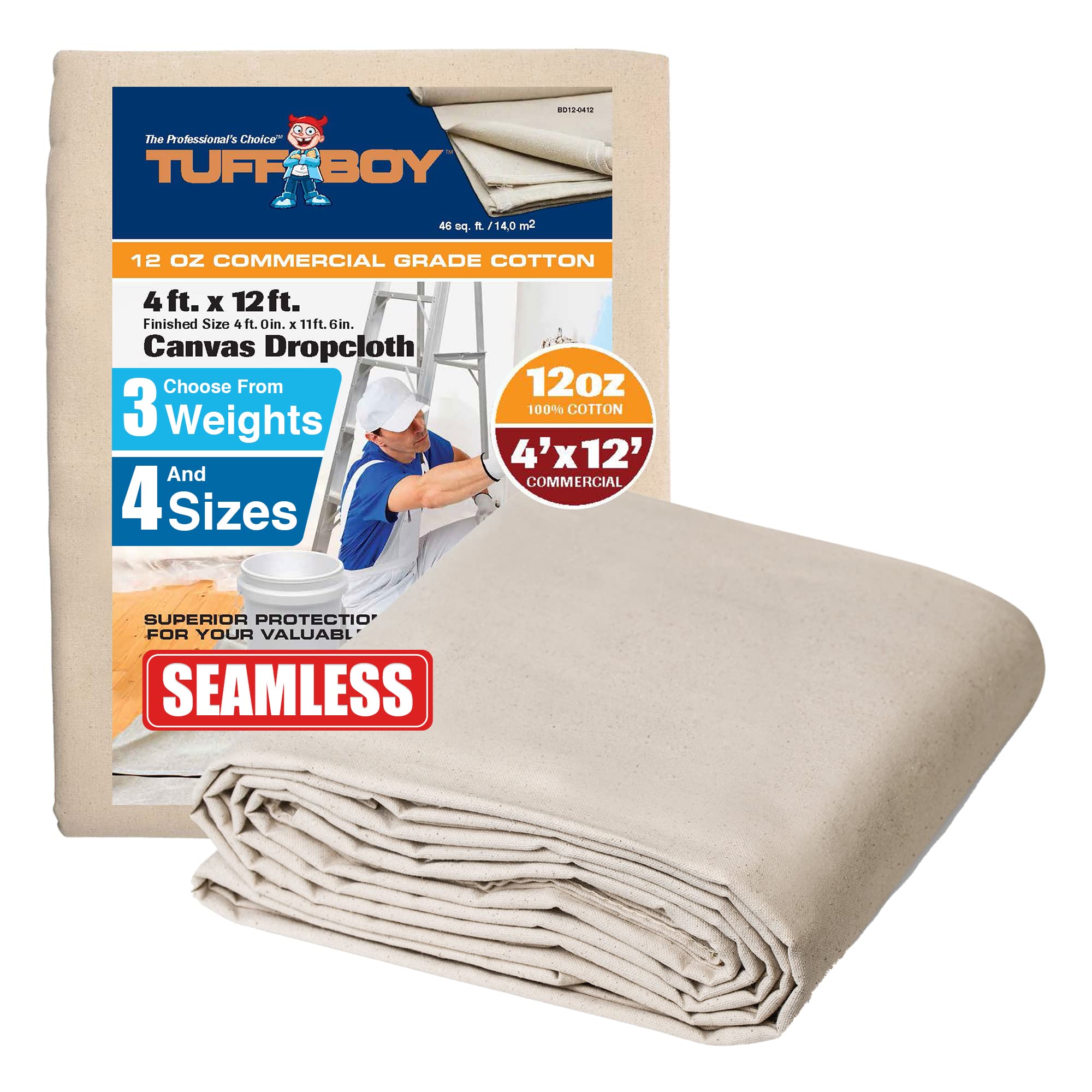 Tuffboy 4X12 ft Heavy Duty Canvas Drop Cloth - 12 Oz Seamless Painters Fabric for Floor & Furniture Protection - All Purpose Painting Supplies for Home & DIY Projects - Perfect for Interior Painting, Renovations, and Art Studios
