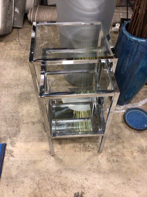Pair of Chrome Beveled Glass Top Nesting Tables - Modern Side End Tables for Living Room, Bedroom & Office - Space Saving Accent Furniture Set