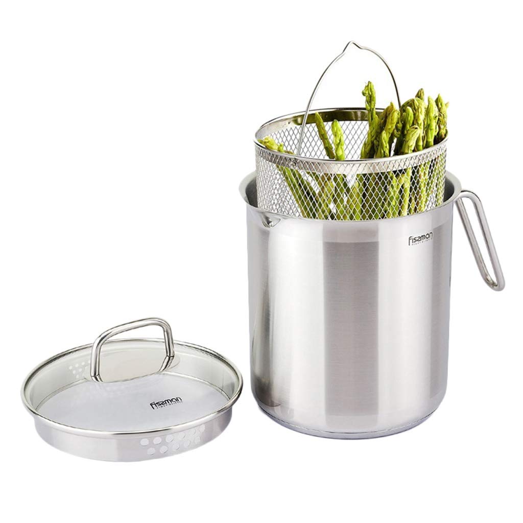 ADG 3-Piece Stainless Steel Vegetable Steamer Pot Set - 18cm Asparagus Steamer with Deep Fry Basket, Universal for Gas & Induction Cooktops - Perfect for Healthy Cooking, Frying & Meal Prep at Home