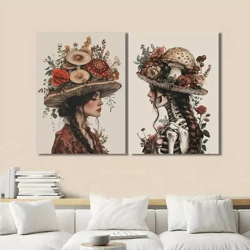 2PCS Mysterious Style Skull with Mushrooms & Flowers Oil Painting Canvas Wall Art - 50x75cm Framed High Quality Print - 100% Australian Made - Ready to Hang for Living Room, Bedroom & Office Decor