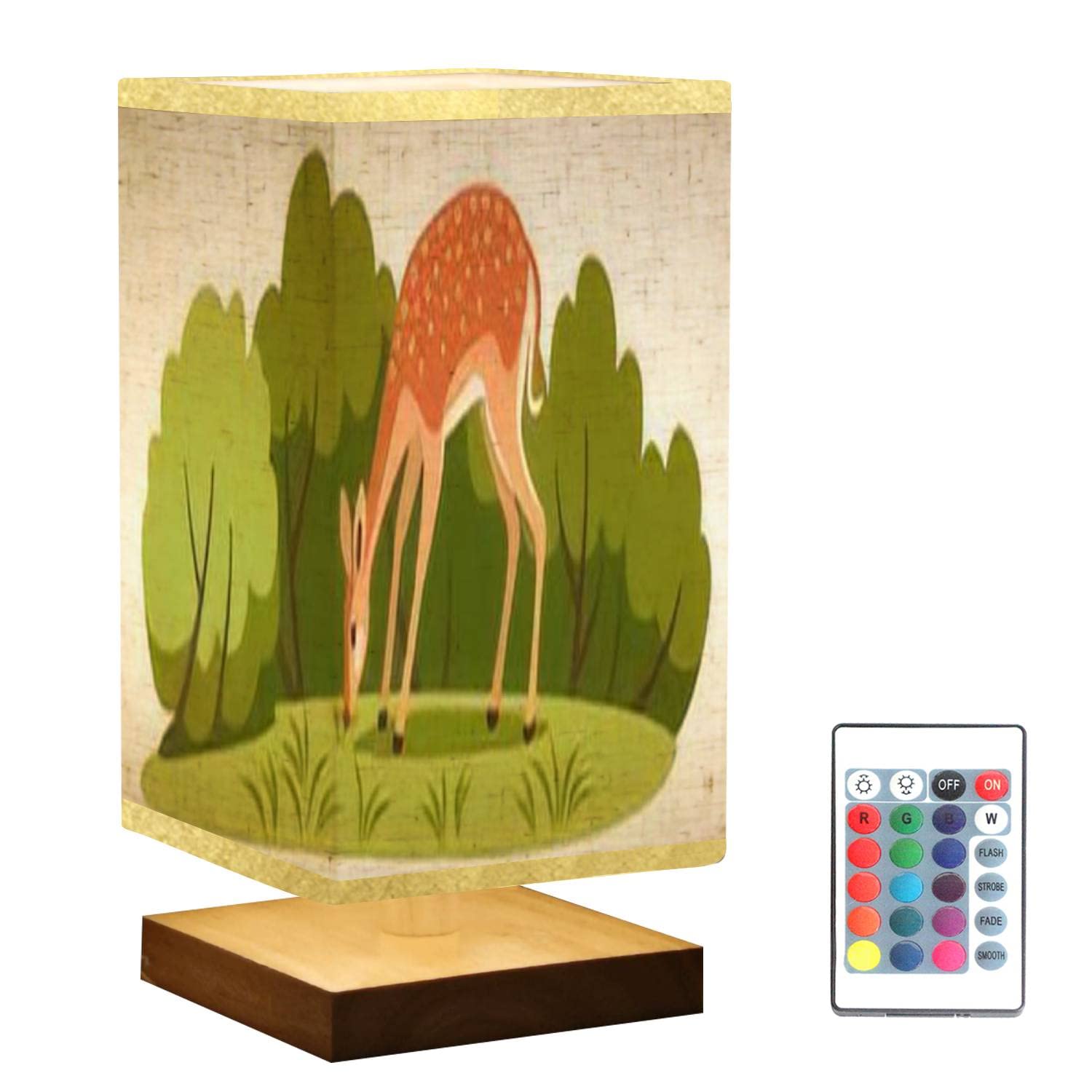 Dimmable Square Nightstand Lamp with Wooden Base & Flaxen Fabric Shade - Deer Grazing Forest Scene for Bedroom, Living Room, Office | Perfect Reading Light & Ambient Lighting