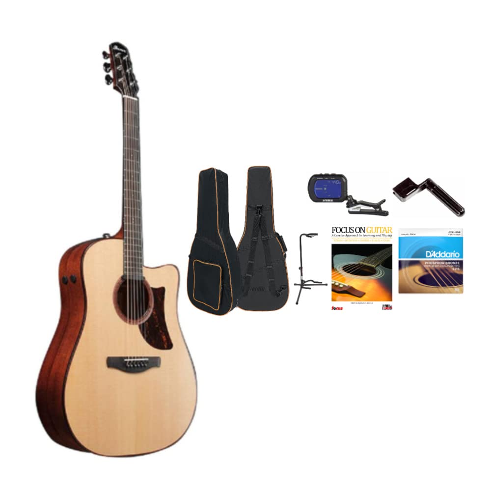 Ibanez AAD300CE 6-String Advanced Acoustic Guitar (Natural Low Gloss) with Case, Tuner, Stand, Strings & Accessories Bundle - Perfect for Beginners, Performances & Home Practice