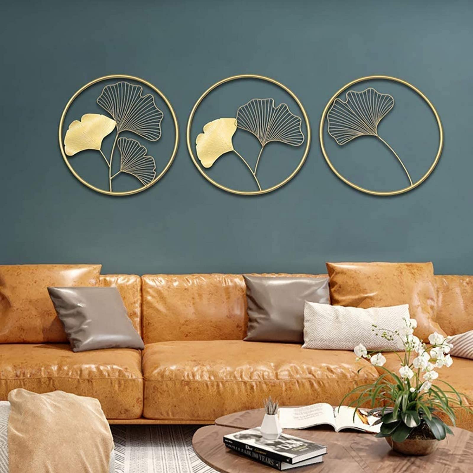 3-Piece Golden Ginkgo Leaf Metal Wall Art Decor - Round Hanging Pendant for Bedroom, Hotel, Living Room & Home Decoration | Elegant Wall Ornaments for Modern Interior Design