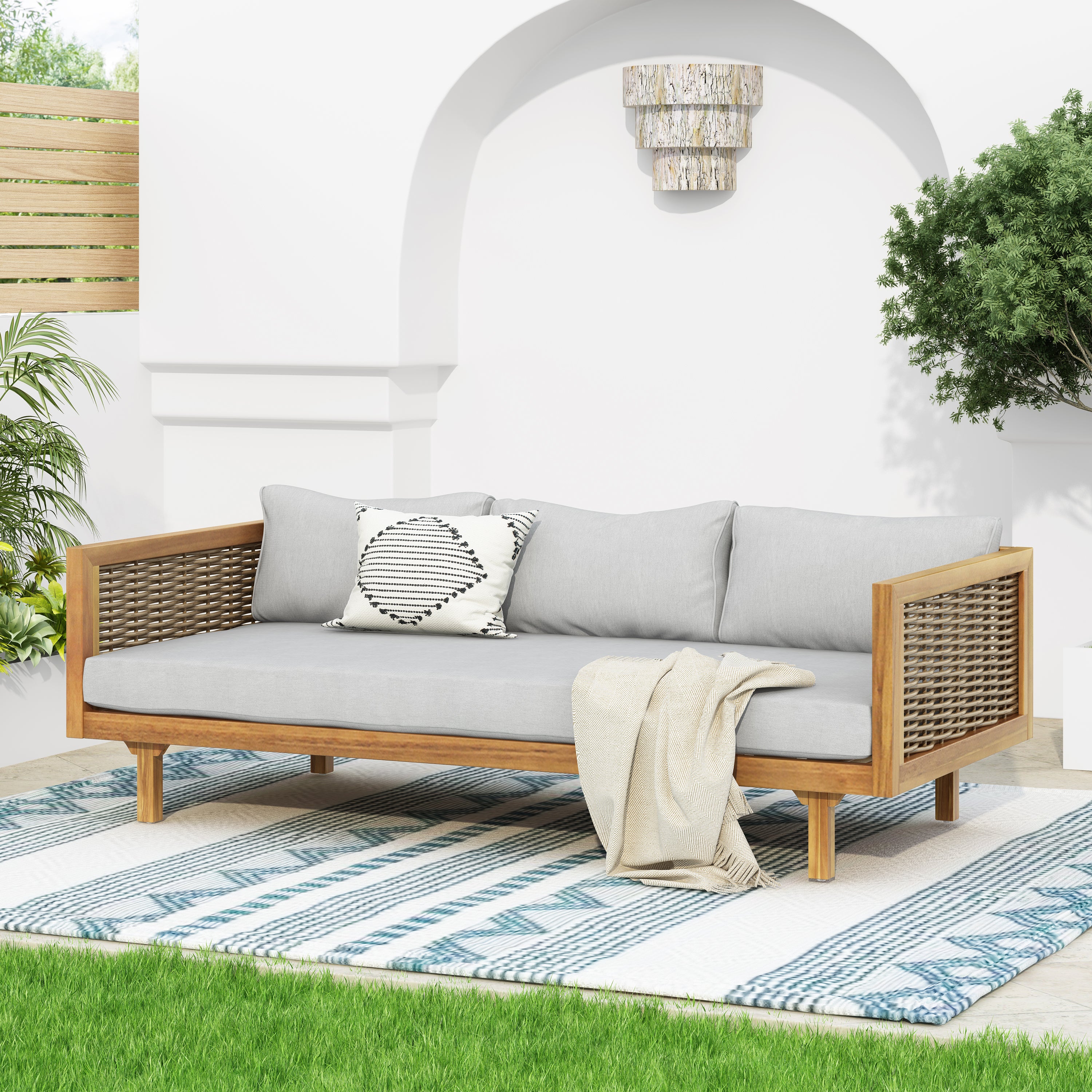 CLAREMONT 3-Seater Rattan Arm Daybed with Light Grey Cushion - Perfect for Patio, Sunroom or Outdoor Lounge Relaxation