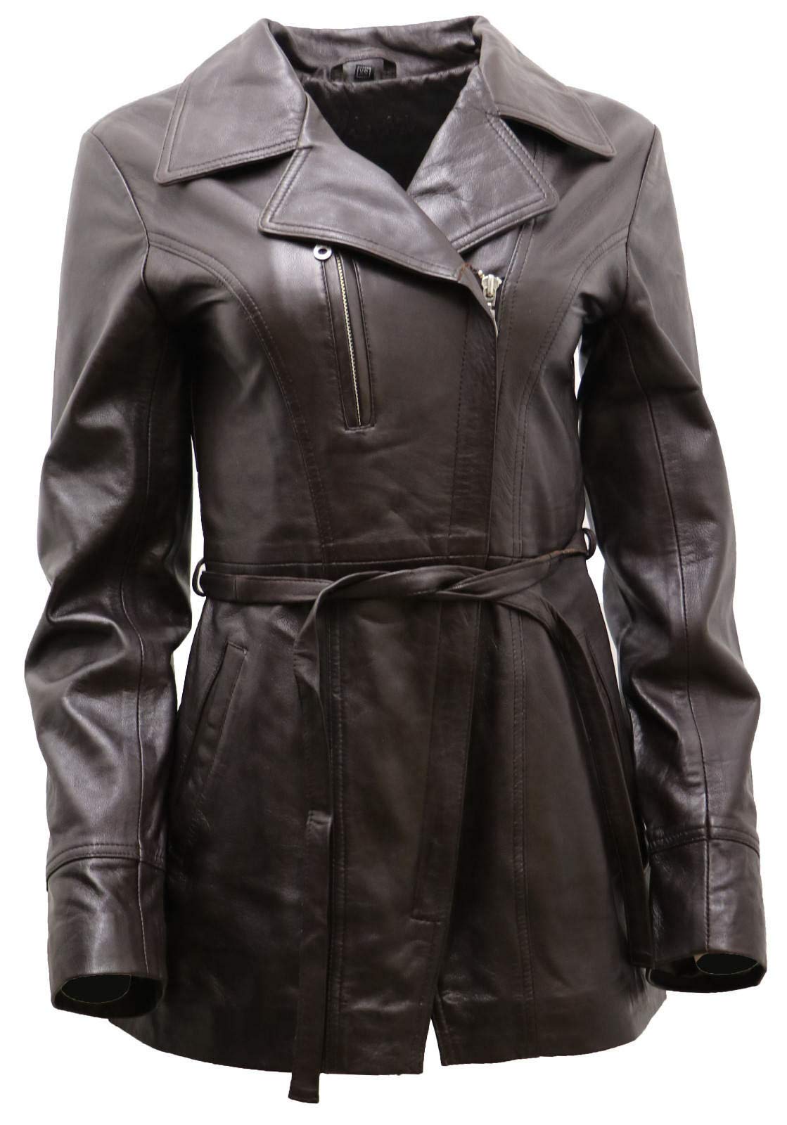 Women's Black, Brown & Tan Nappa Leather Biker Jacket with Adjustable Belt | Stylish Long Motorcycle Jacket for Riding, Fashion & Everyday Wear