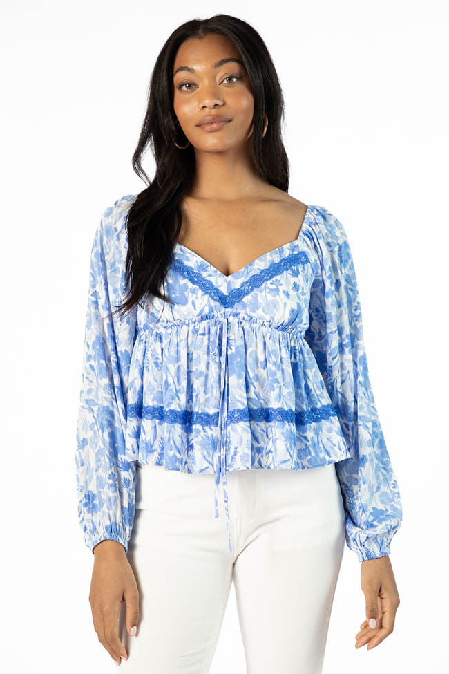 Dreamy Blue Lace Trim Floral Blouse - Elegant Women's Top for Date Night & Special Occasions