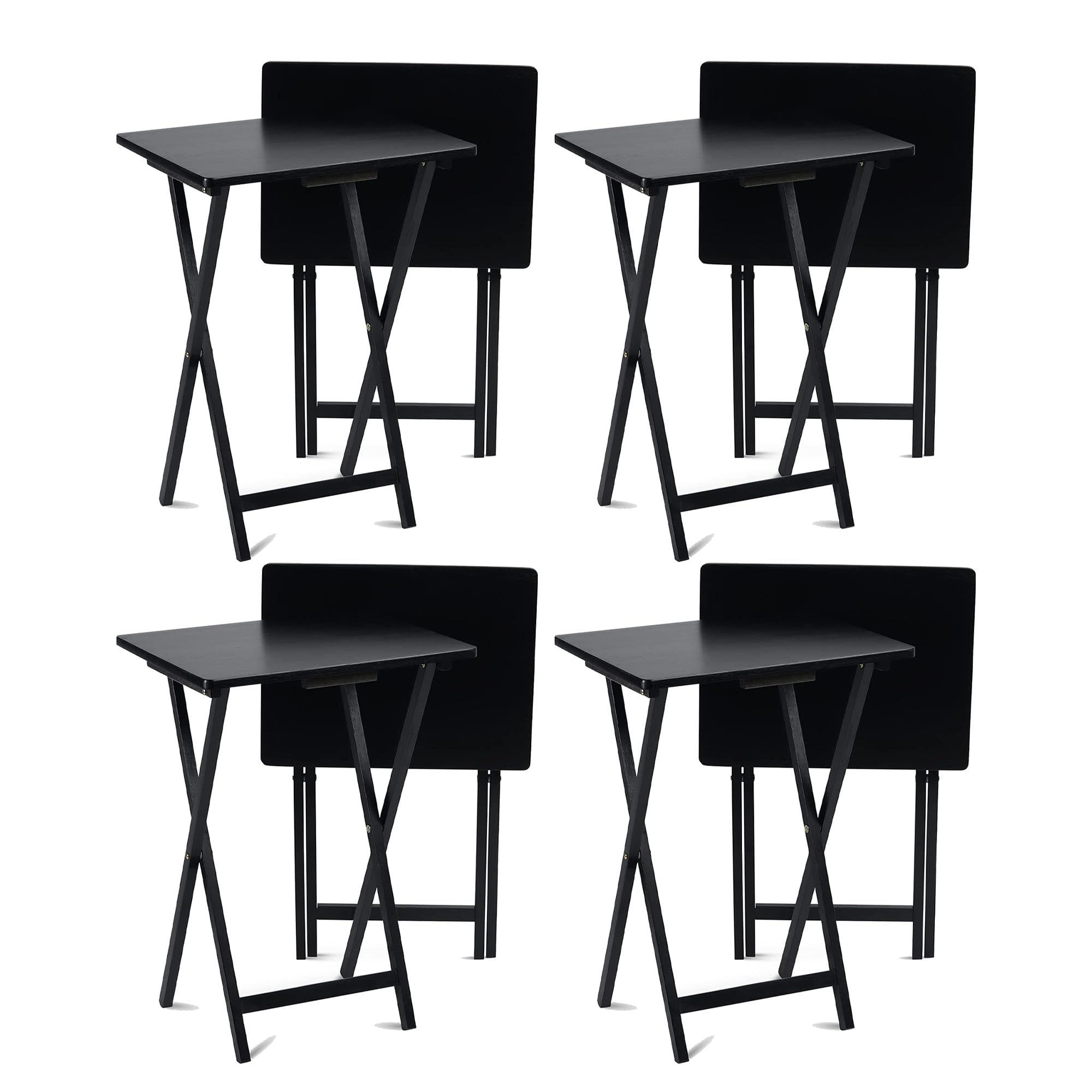 Portable Folding TV Snack Tray Table - Solid Wood Construction Serving Stand with Sturdy Design - Black 8-Piece Set - Perfect for Movie Nights, Bedroom Snacking & Living Room Entertainment