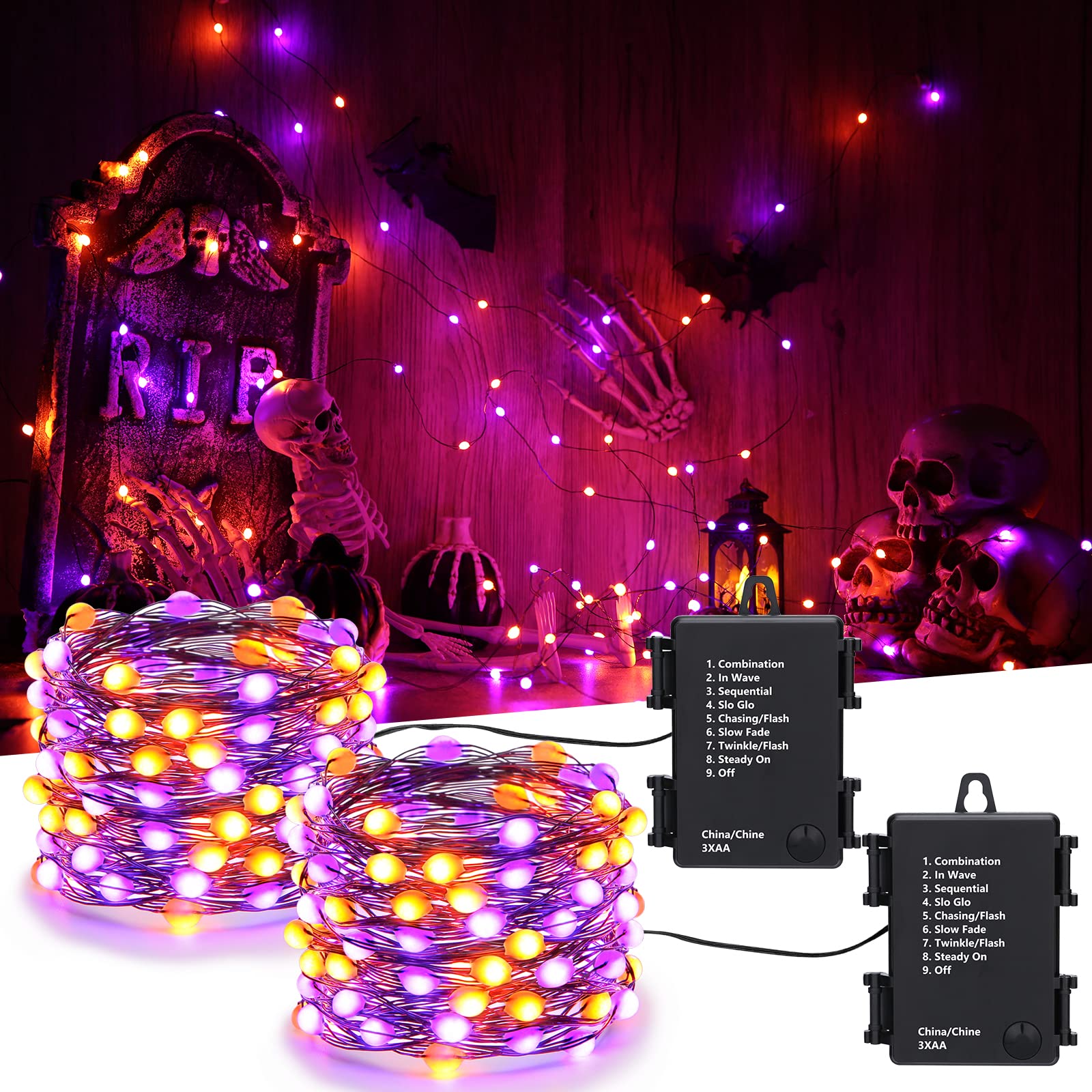 iBaycon 2 Pack 50 LED Halloween String Lights - 16.4ft Battery Operated Orange & Purple Waterproof Fairy Lights with 8 Modes & Timer - Indoor Outdoor Halloween Party Decorations for Yard, Porch, Window, Pumpkin Display